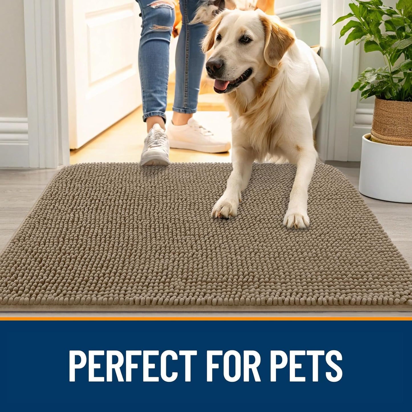 OLANLY Dog Door Mat for Muddy Paws 48x30, Absorbs Moisture and Dirt, Absorbent Non-Slip Washable Doormat, Quick Dry Chenille Mud Mat for Dogs, Entry Indoor Entryway Carpet for Inside Floor, Tan