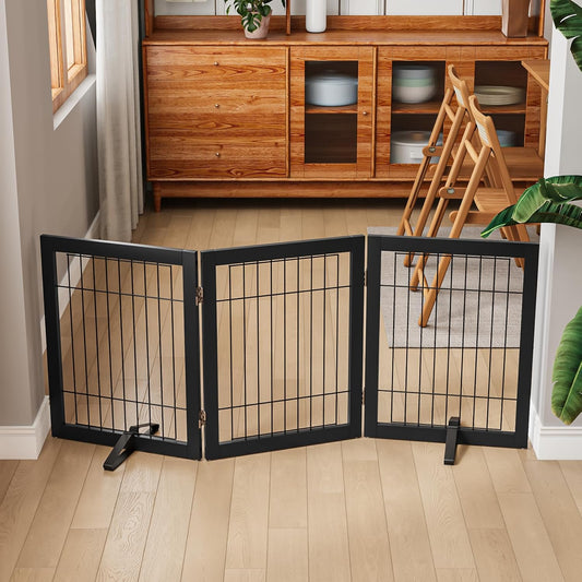 Wire Dog Gate Indoor, Dog Gates for Doorways, Stairs, 24-Inch Tall Freestanding Pet Gates for Dog, Puppy Fence (3 Panel, Black)