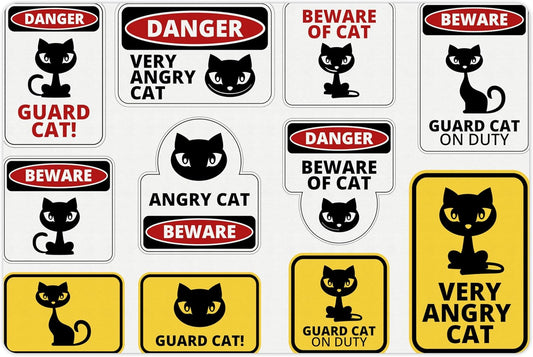 Lunarable Funny Pet Mat for Food and Water, Beware Guard Cat Signs Humorous Comic and Plates Warning Graphic, Non-Slip Rubber Mat for Dogs and Cats, 18" X 12", Yellow Red