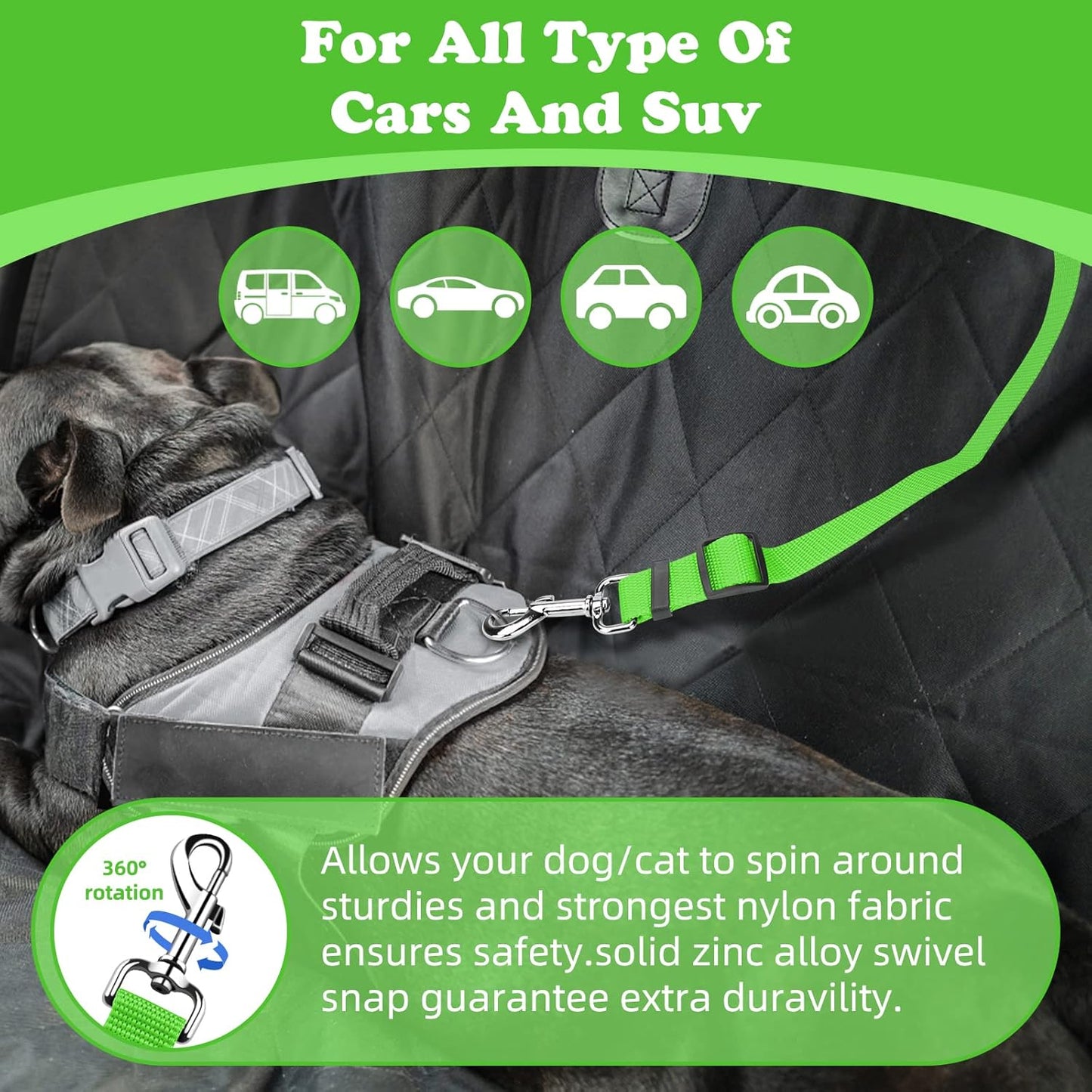 BWOGUE 2 Packs Dog Cat Safety Seat Belt Strap Car Headrest Restraint Adjustable Nylon Fabric Dog Restraints Vehicle Seatbelts Harness Green