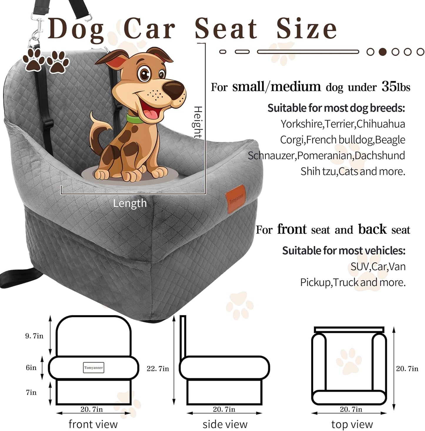 Dog Booster Car Seat with 7 Inches of Interior Height,Elevated Pet Car Seat for Small/Medium Sized Dogs,Puppy Portable Car Seat,Washable Removable Cover Travel Safety Car Seat,Easy to Use(H-Grey)