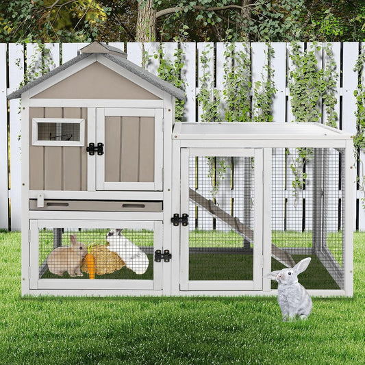 48" L Rabbit Hutch Outdoor Indoor Bunny Hutch Weatherproof, 2-Story Wood Rabbit Cage with Deep Tray, Chew-Resistant Ramp, UV Roof, Bunny House for Small Animal, Expandable Guinea Pig Cage