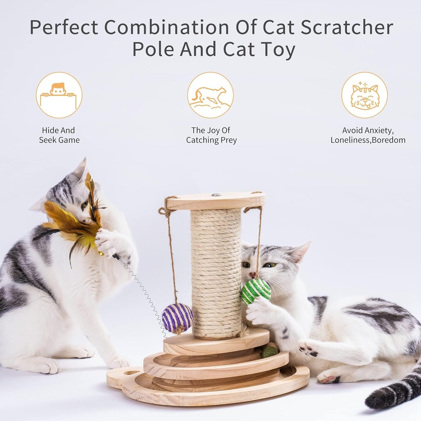 MEWOOFUN Cat Toy 2-Layer Turntable Cat Ball Toy with Feather,Kitten Toys Interactive Cat Toy with Eight Interactive Balls and Two Sisal Dangling Balls (Large)