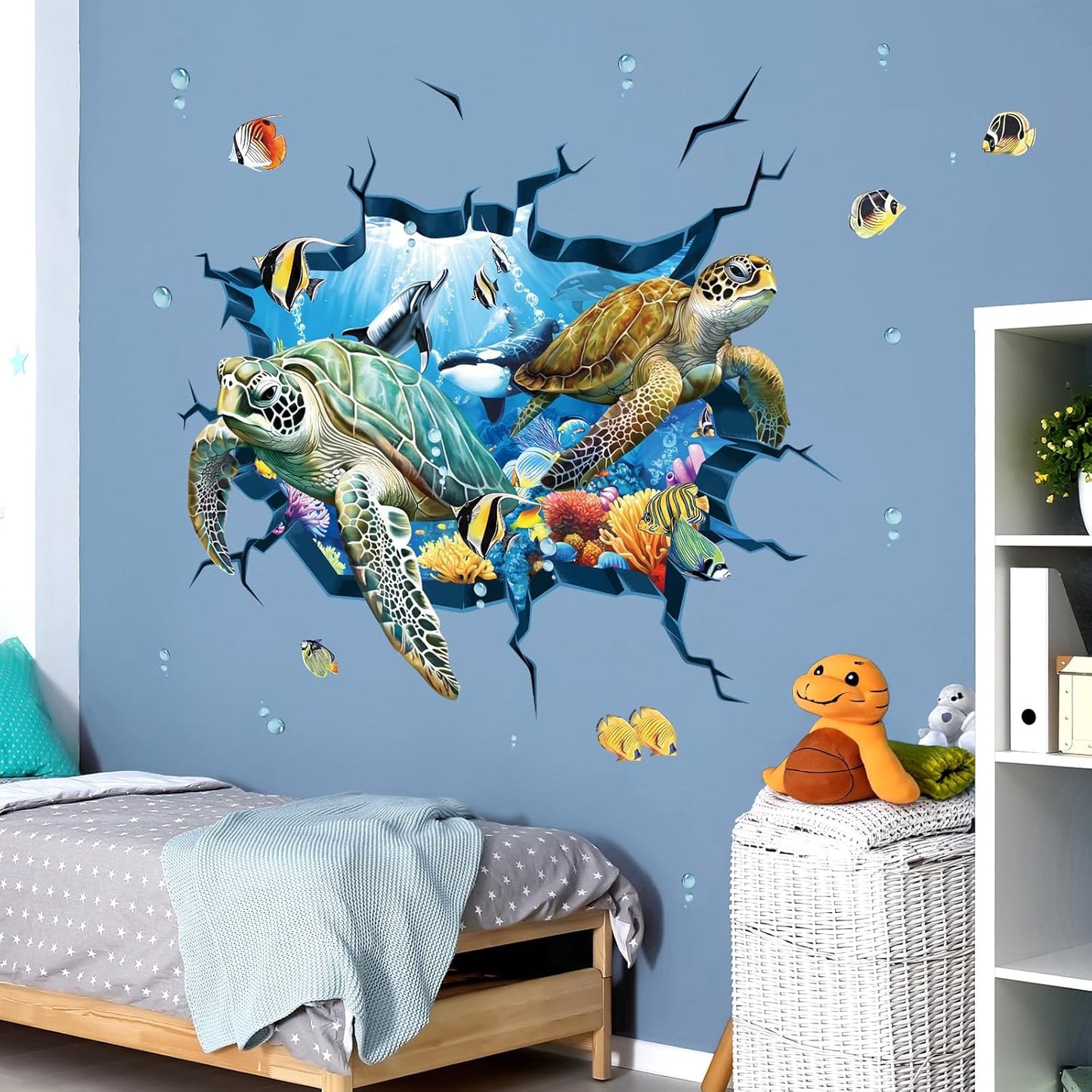 decalmile 3D Under The Sea Turtle Wall Decals Underwater Ocean Fish Broken Wall Stickers Kids Bedroom Living Room Bathroom Wall Decor