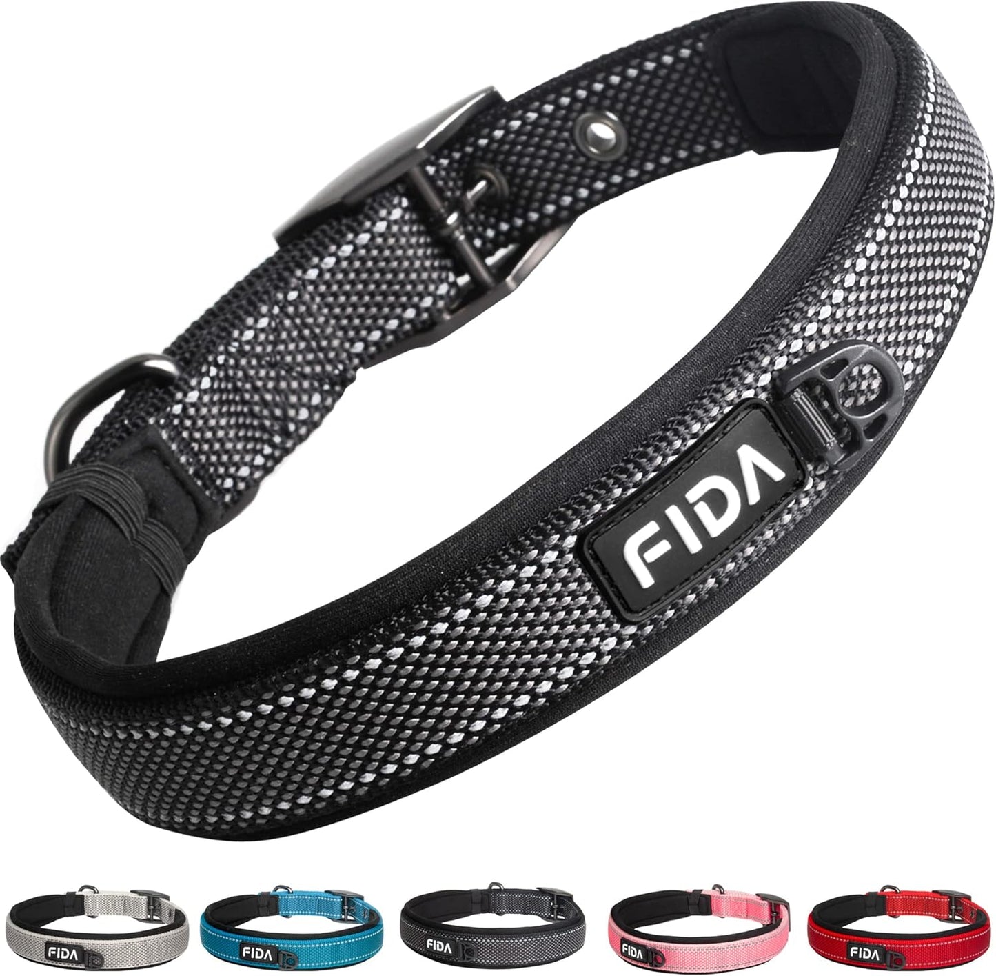 Fida Heavy Duty Dog Collar, Ultra Comfortable Soft Neoprene Padded, Adjustable Reflective Nylon Pet Collar with Durable Metal Belt Buckle for Small Breeds (S, Black)
