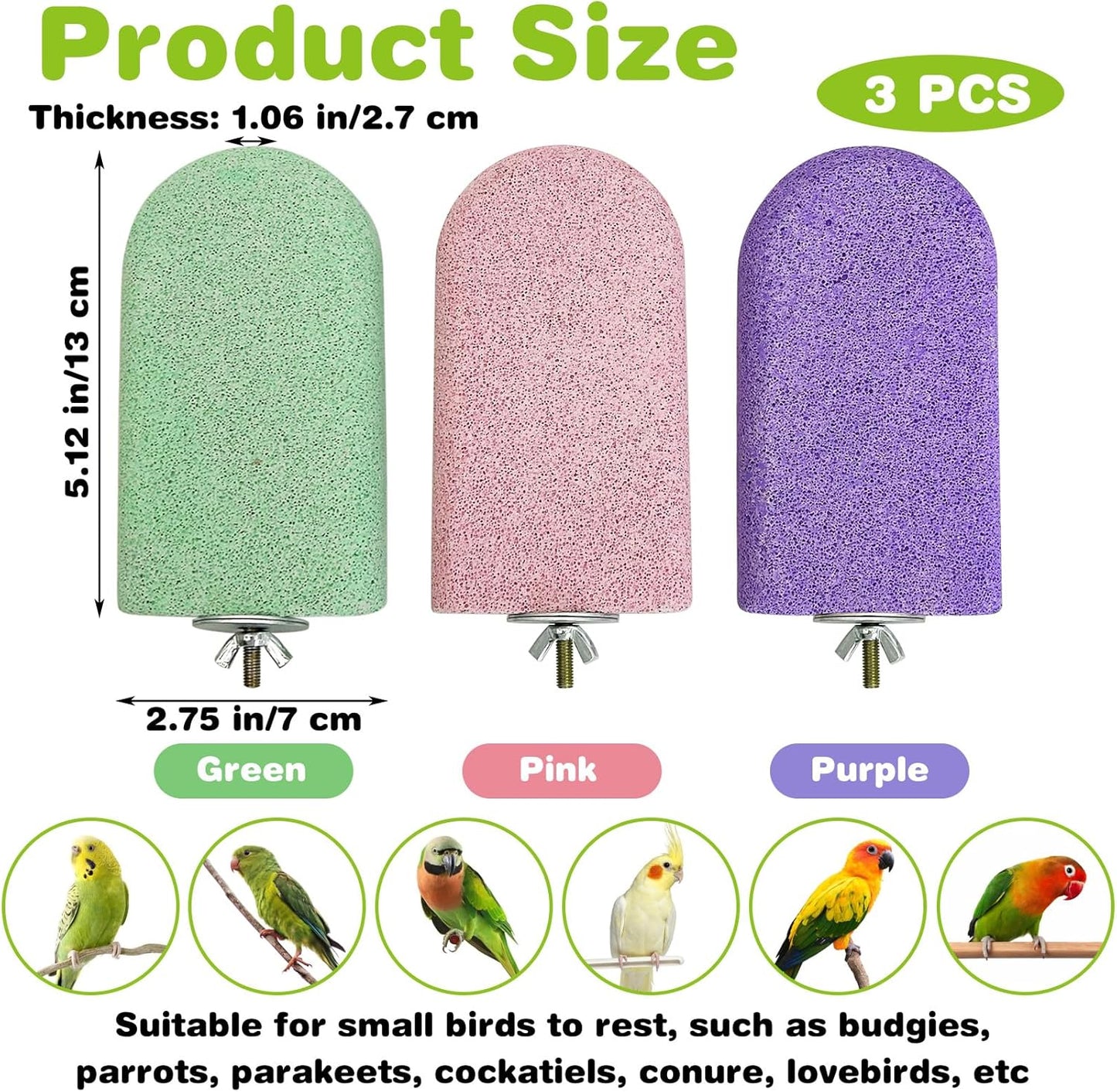 PINVNBY 3 PCS Bird Perches Calcium Parrot Perch Stand Bird Beak Grinding Stone Foot Claws Trimmer Multiple Colors Parakeets Chewing Toys Bird Cage Accessories for Budgie Cockatiel Conure Lovebird