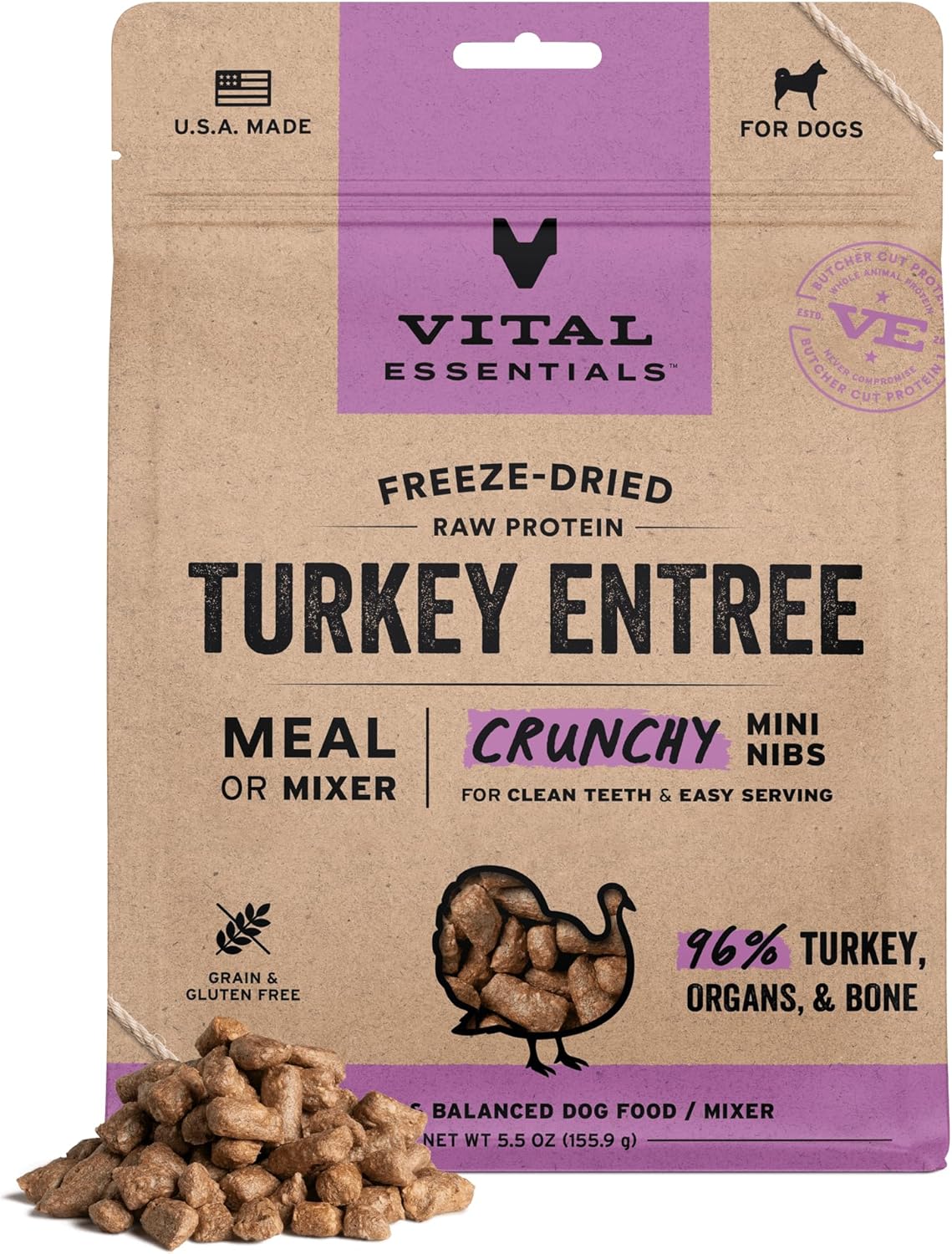 Vital Essentials Freeze-Dried Raw Turkey Meal or Mixer Dog Food Crunchy Mini Nibs, 5.5 oz