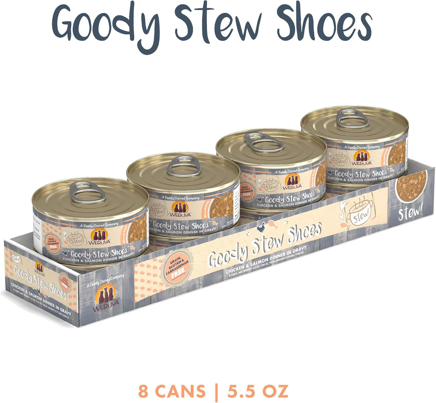 Weruva Classic Cat Stews!, Goody Stew Shoes with Chicken & Salmon in Gravy, 5.5oz Can (Pack of 8)