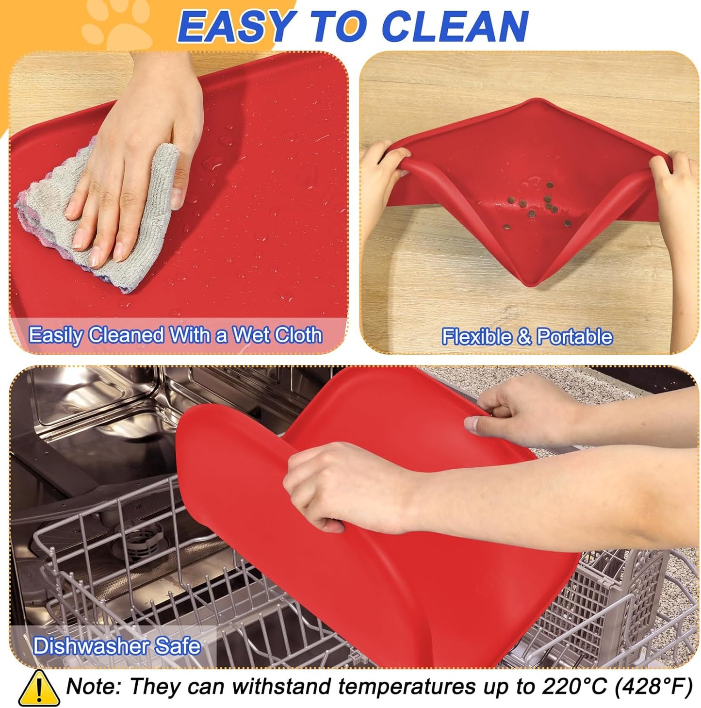 Silicone Pet Feeding Mat with Raised Edge for Food and Water, Dog Bowl Mats, Cat Bowls Placemat with High Lip for Floor Waterproof, Rubber Tray for Cats and Dogs 24 x 16 x0.8 Red