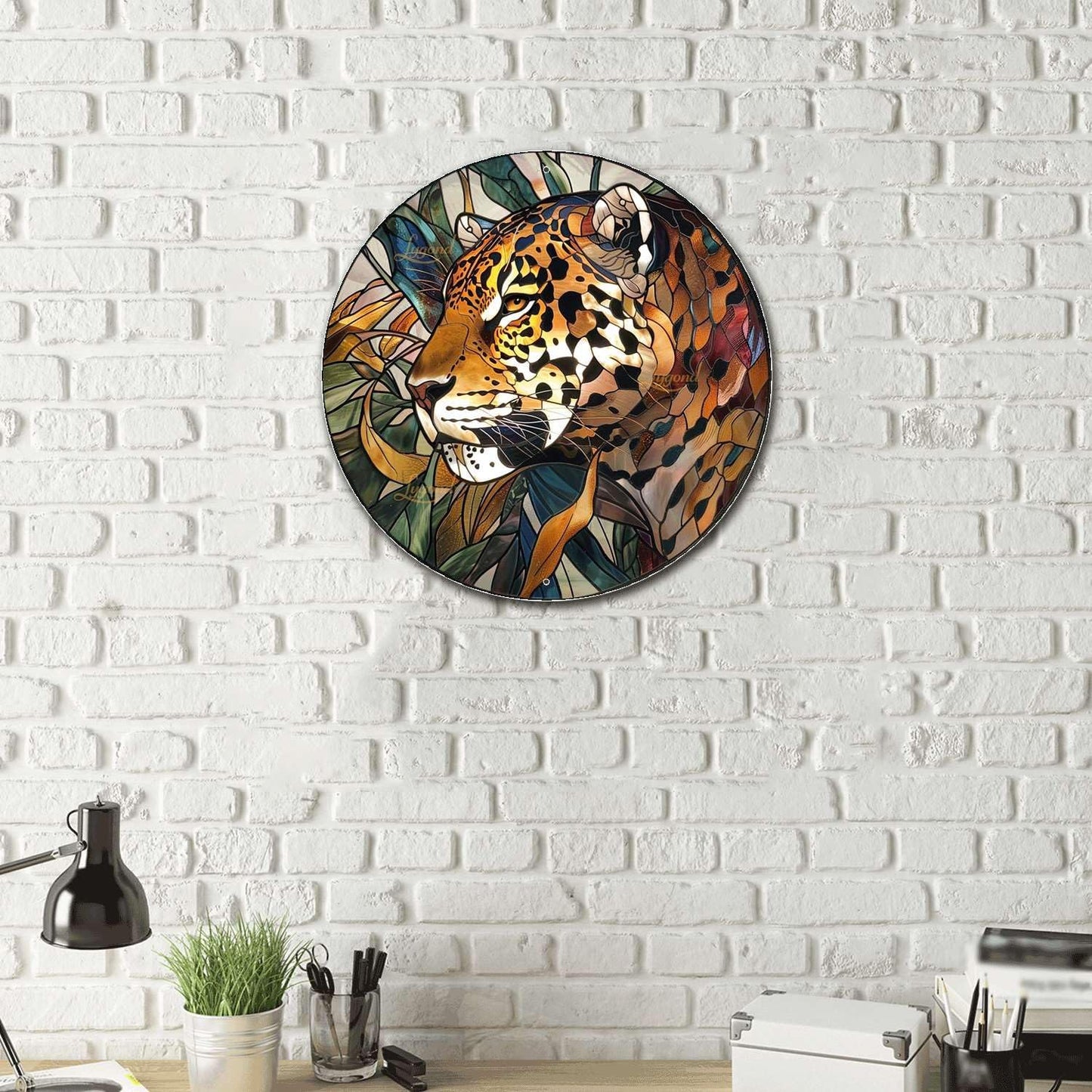 Lygond Metal Sign Tin Sign Circular Stained Glass Jaguar Tin Sig For Pet 8×8 Inches