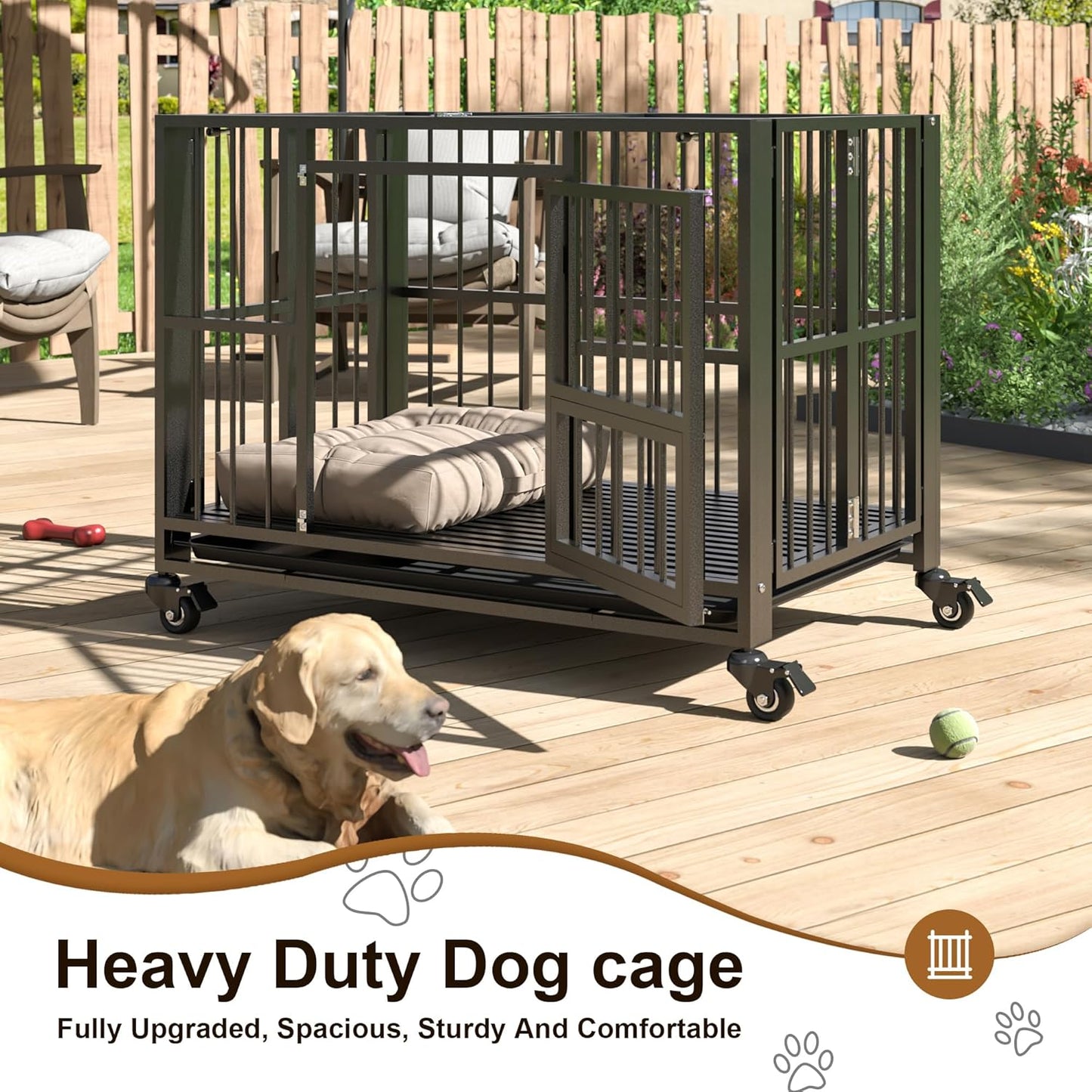 Polar Aurora Heavy Duty Dog Crate, Foldable Indestructible Dog Kennel, Escape Proof Extra Large Dog Cage with Lockable Wheels, High Anxiety Pet Playpen with Double Door for Indoor/Outdoor Use. (38in)