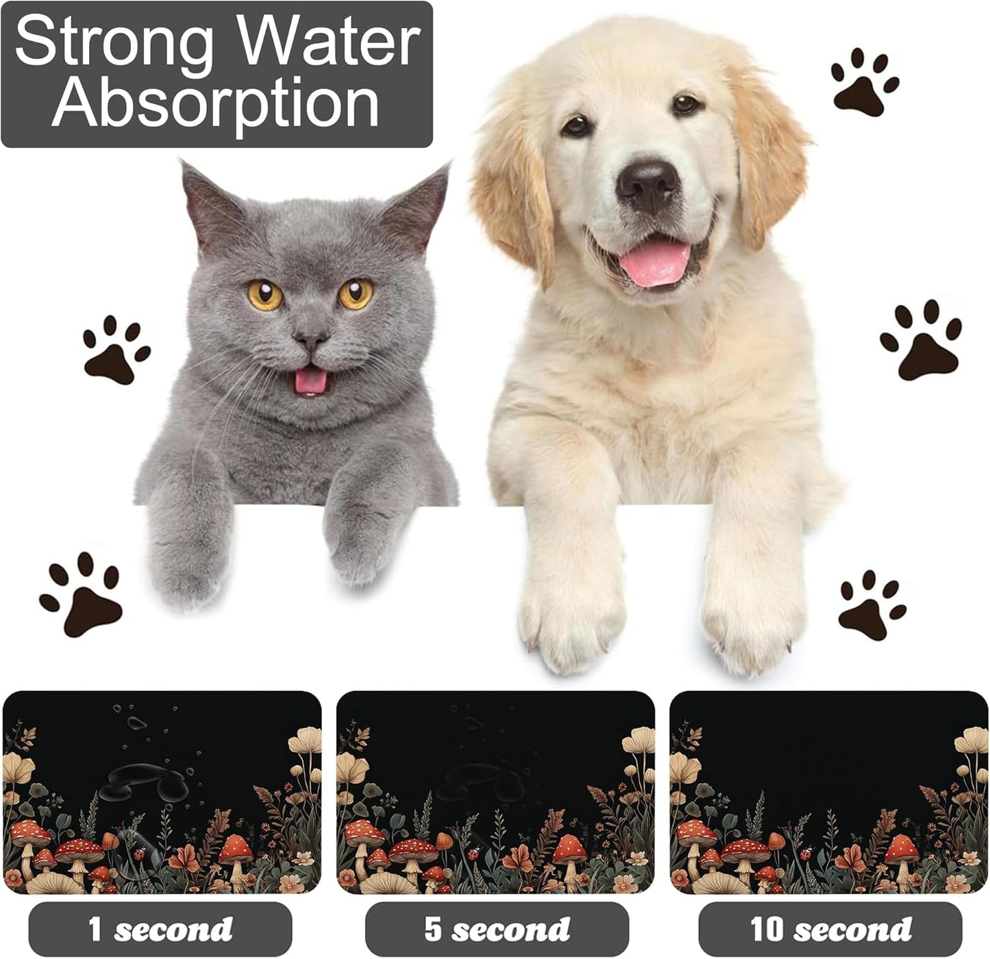 Vintage Mushroom Flower Pet Cat Dog Food Mat-Absorbent Quick Dry Feeding Placemat for Water and Food, No Stains Rubber Base Mat for Indoor Use, Pet Accessories 12"x20"