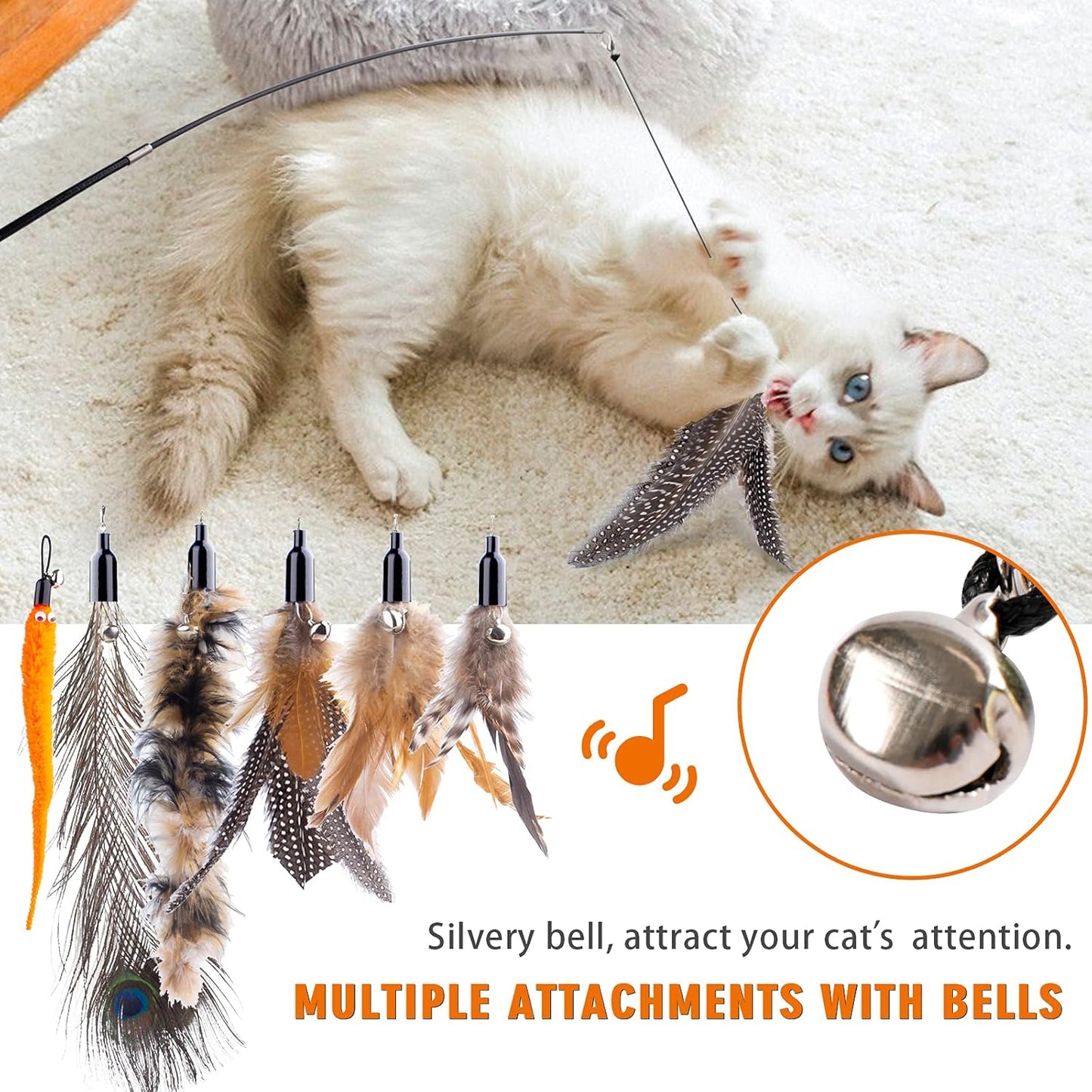 Retractable Cat Wand Toys - Interactive Feather Wand with Bell for Indoor/Outdoor Cats, 8 Pack