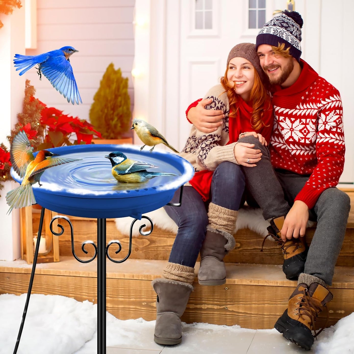 Heated Bird Baths for Outdoors for Winter, Lovppy 100W Heated Bird Bath Water Heater with Thermostatically Controlled, Heated Bird Baths Bowl with Metal Stake for Outside Garden Patio Yard (Blue)