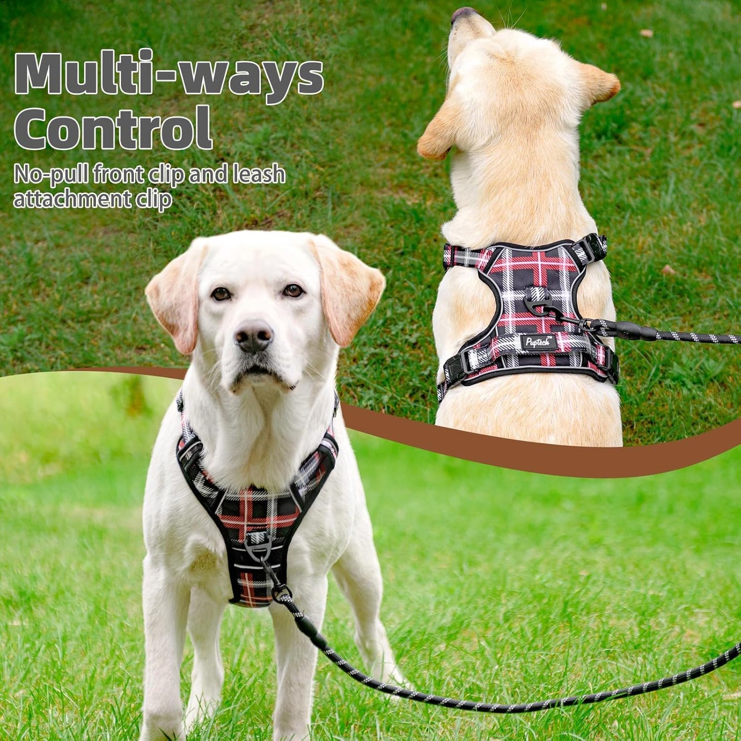 PUPTECK No Pull Dog Harness Small Sized, Adjustable Reflective Dog Harness with Handle Easy Control, Comfortable Soft Padded Pet Vest Harness for Small Dogs, Plaid Black L