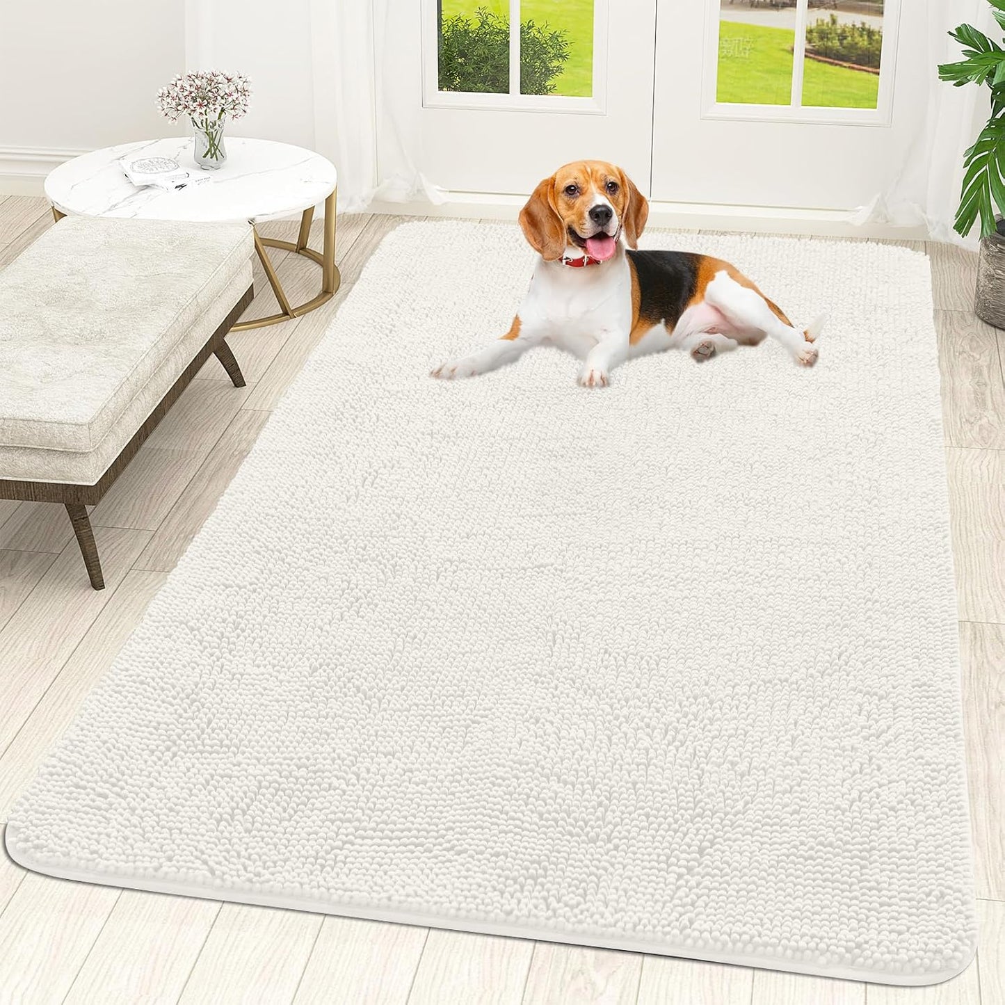OLANLY Dog Door Mat for Muddy Paws 59x35, Absorbs Moisture and Dirt, Absorbent Non-Slip Washable Doormat, Quick Dry Chenille Mud Mat for Dogs, Entry Indoor Entryway Carpet for Inside Floor, Ivory