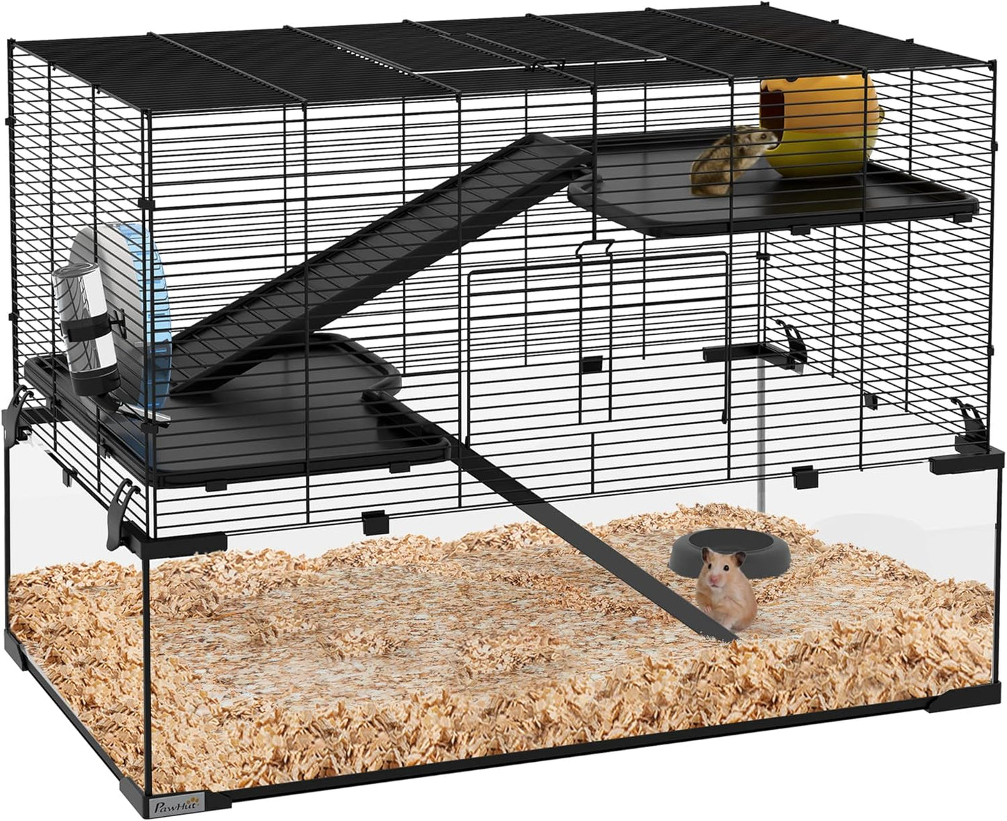 PawHut Large Hamster Cage with Deep Tempered Glass Bottom, 3 Tiers Hamster Tank with Running Wheel, Hut, Water Bottle, Dish, Rat Cage for Syrian, Dwarf, Gerbils, Mouse, 31" x 19" x 21.5", Black