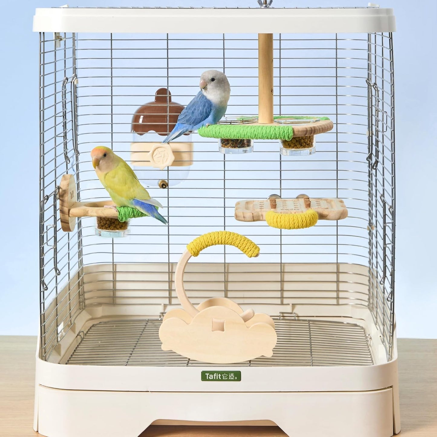 Bird Feeder & Perch – Includes Cotton Rope Perch and 2 Glass Feeding Cups – Cage Accessory for Cockatiels, Budgies, Lovebirds, Conures, Canaries, Finches, and Small Parrots