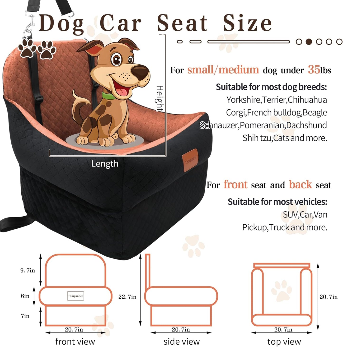 Dog Booster Car Seat for Small/Medium Dogs up to 30 lbs,Interior 7 Inches Elevated Pet Booster Seat,Ultra Soft Fabric and Memory Foam Car Dog Bed,Safety,Comfy,Fully Detachable Washable(H-Black/Brown)