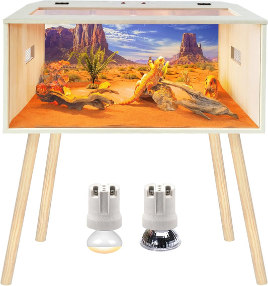 Prolee Reptile Terrarium, Lizard Tank Up to 68 Gallons, Bearded Dragon Tank with Roof Door, Snake Tank with Built-in Lamp Fixture and Switch, with Leg Stand (Oak, 28 Gallons, 32" Length)