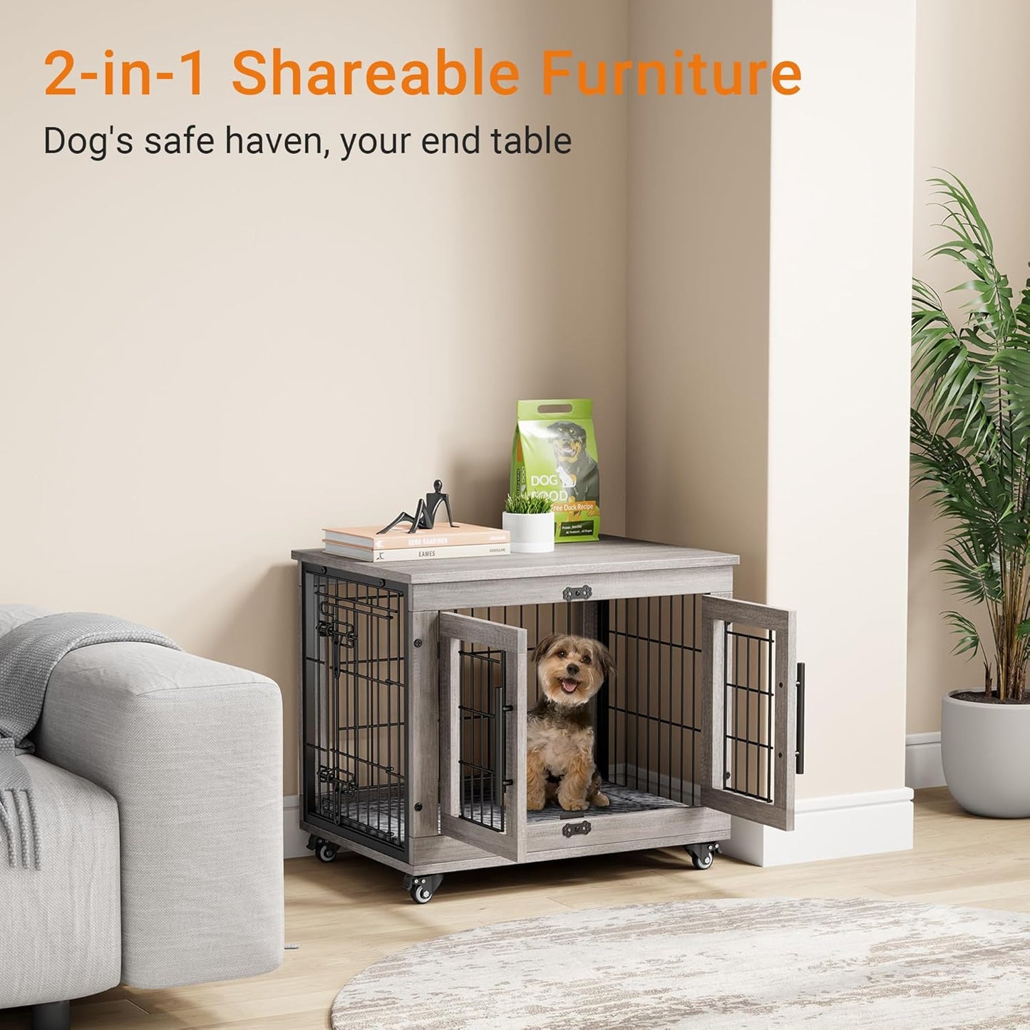 Lulive Small Dog Crate Furniture, Dog Kennel Indoor Double Doors Wooden Dog Cage, 27.1'' Heavy Duty Dog Crate with Cushion & Wheels, Decorative End Table Pet House Chew-Resistant for Small Dogs, Grey