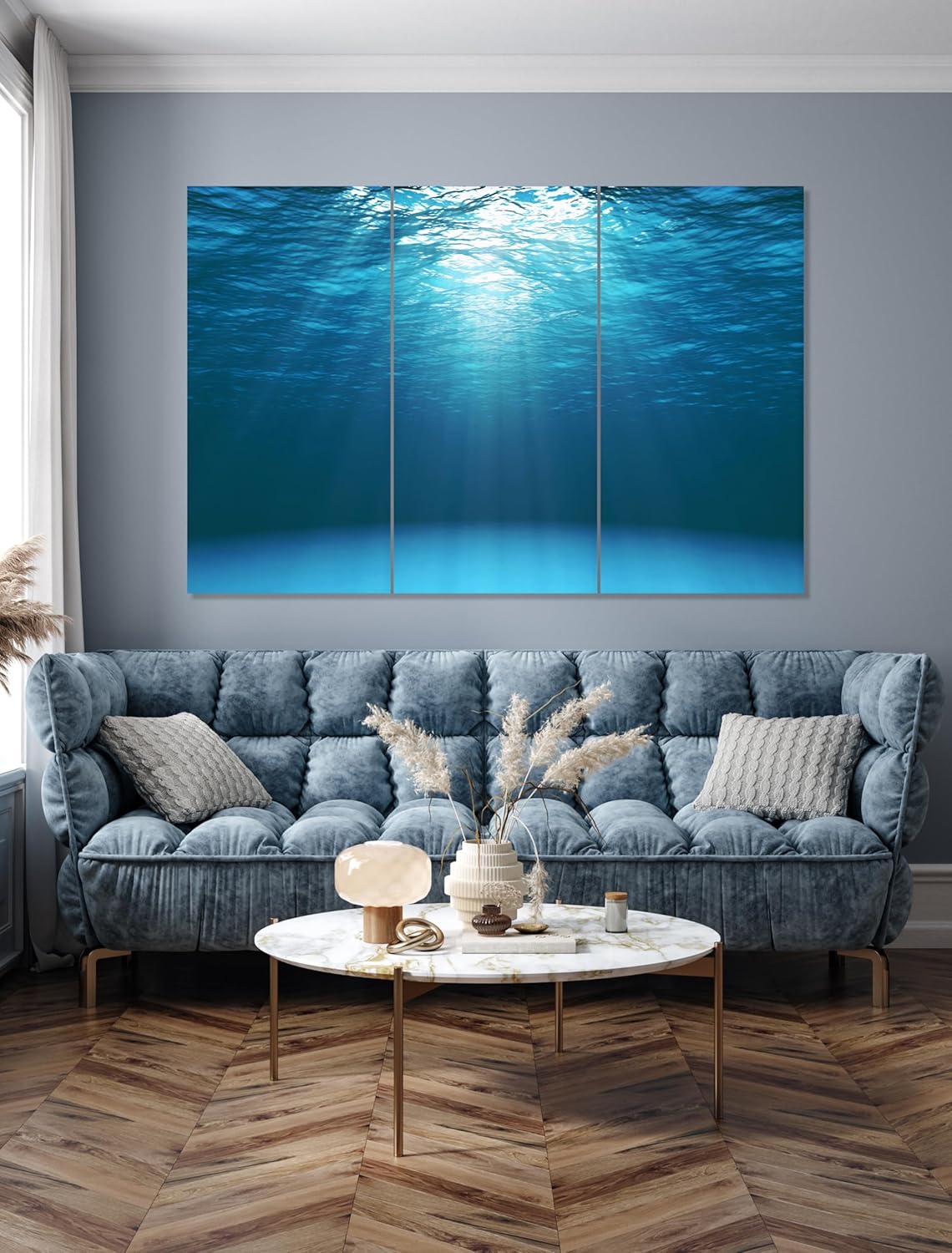 Nature Wall Art Prints - Ocean Forest Mountain Lake Canvas Landscapes - Small to Extra Large Living Room Bedroom Kitchen Bathroom Décor (Sun Rays Under Water, 39L" x 59W" - 3 Panels)