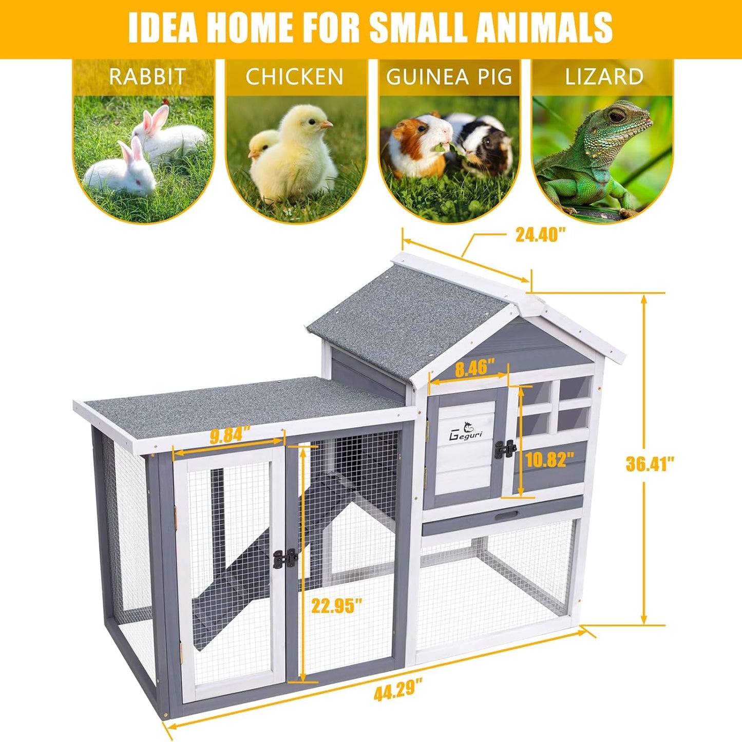 GEGURI Large Rabbit Hutch Indoor Outdoor Chicken Coop Wooden Bunny Cage with Waterproof Roof (48''L x 24''W x 36''H Grey)