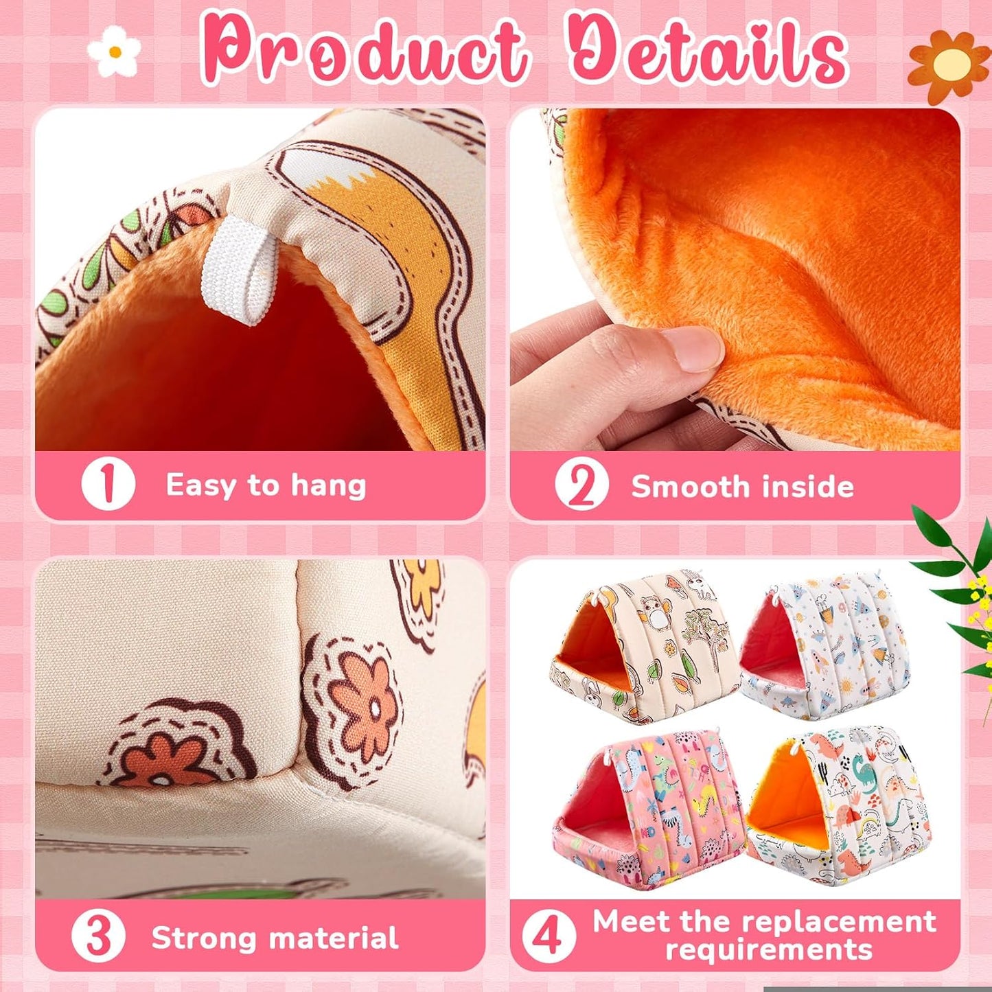 4 Pcs Guinea Pig Hideout, Guinea Pig Bed Tunnel, Rabbit Washable Small House Cage Accessories for Bunny Hedgehog Mouse Chinchillas Hamsters Ferrets Bearded Dragons Rats(Cartoon, 7.9 in)