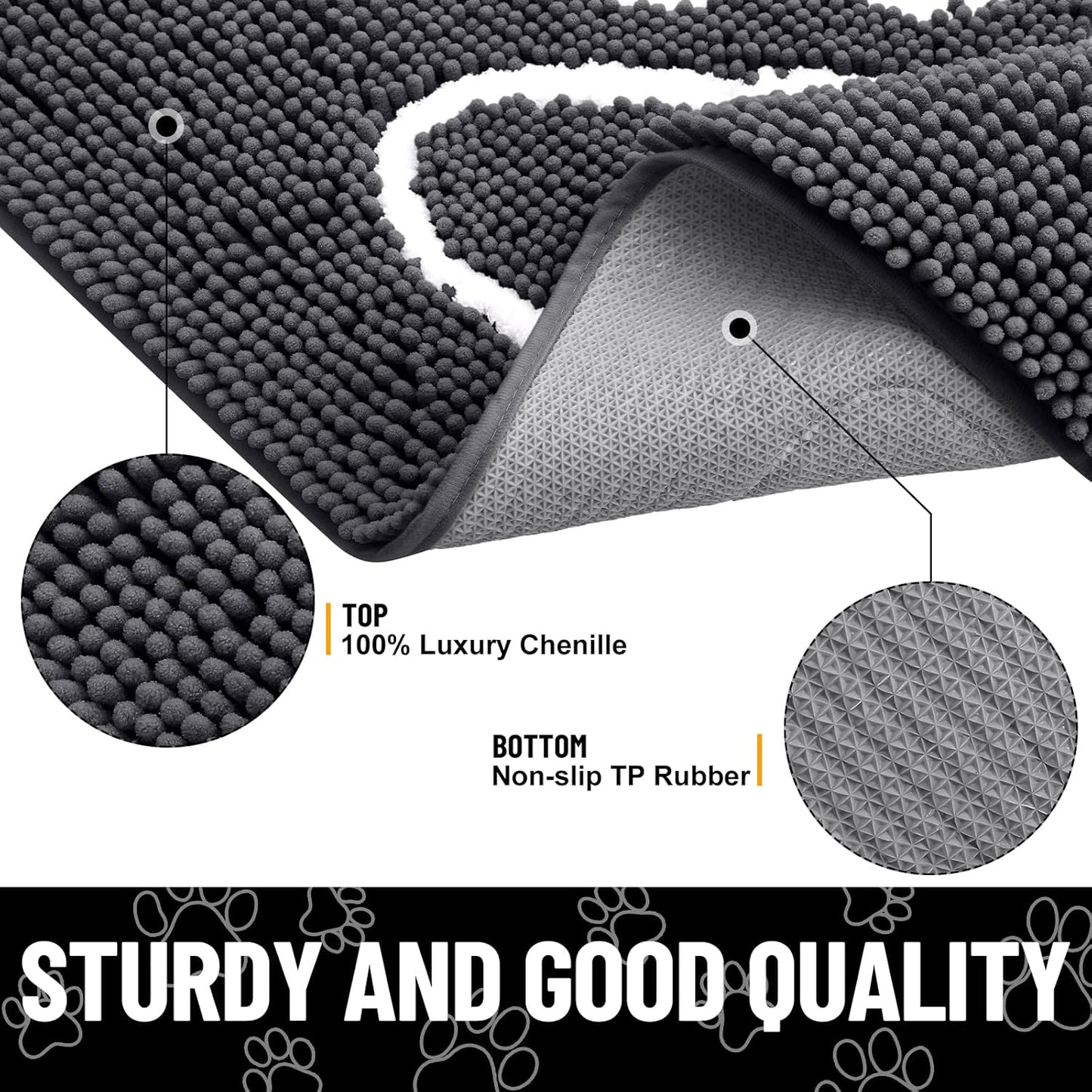 Smiry Dog Door Mat for Muddy Paws, Absorbent Dirt Trapper Non Slip Quick Dry Washable Chenille Mat for Mud Dogs, Entry Rug for Indoor and Outdoor (40x32 Inches, Dark Grey and White)