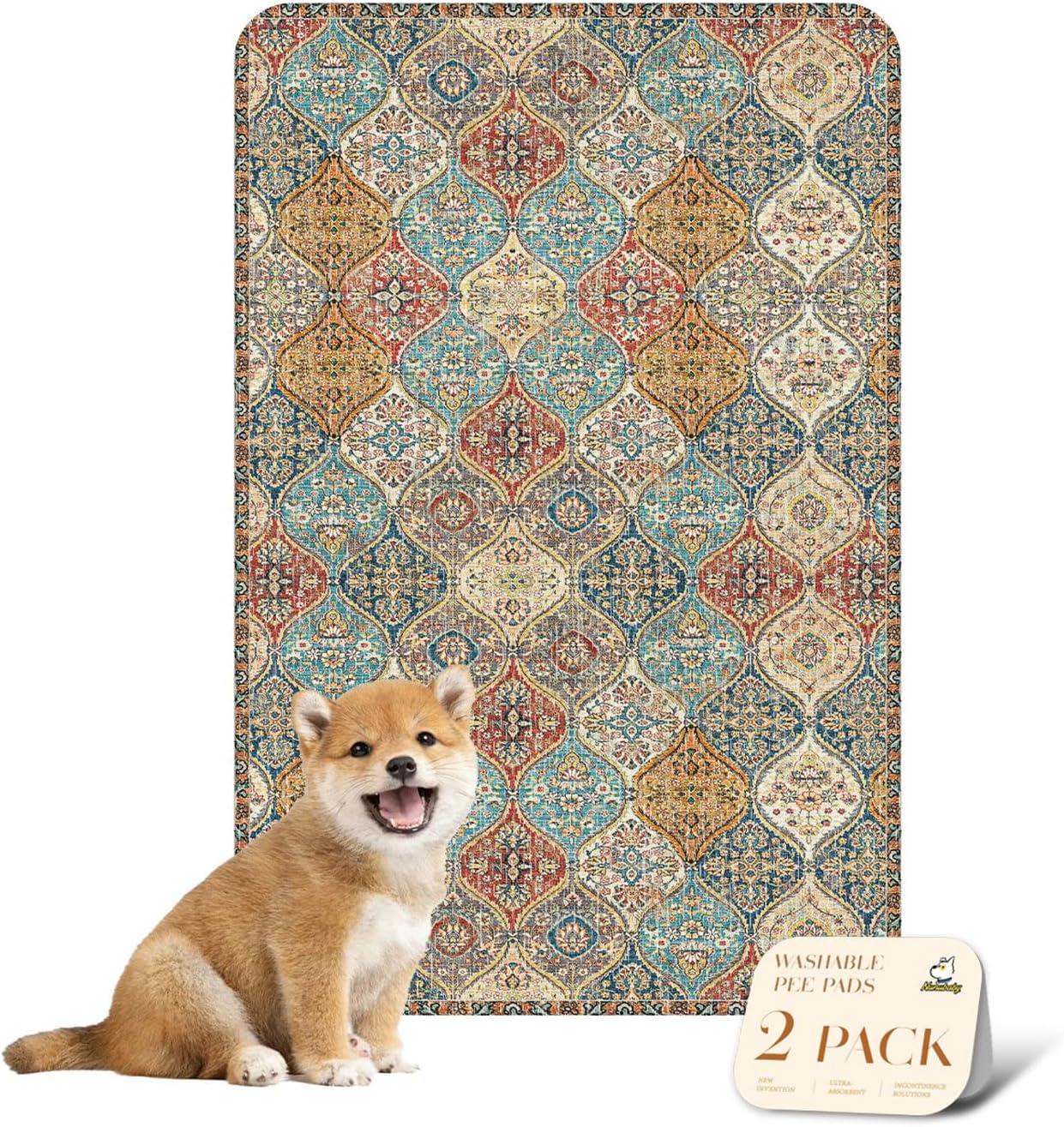 nunubaby Washable Pee Pads for Dogs, Stylish, Non-Slip and Leak-Proof Pee Pads. Reusable Potty Pads for Dogs for Crates and Floors.(Cream/Multi, 24" x36" )