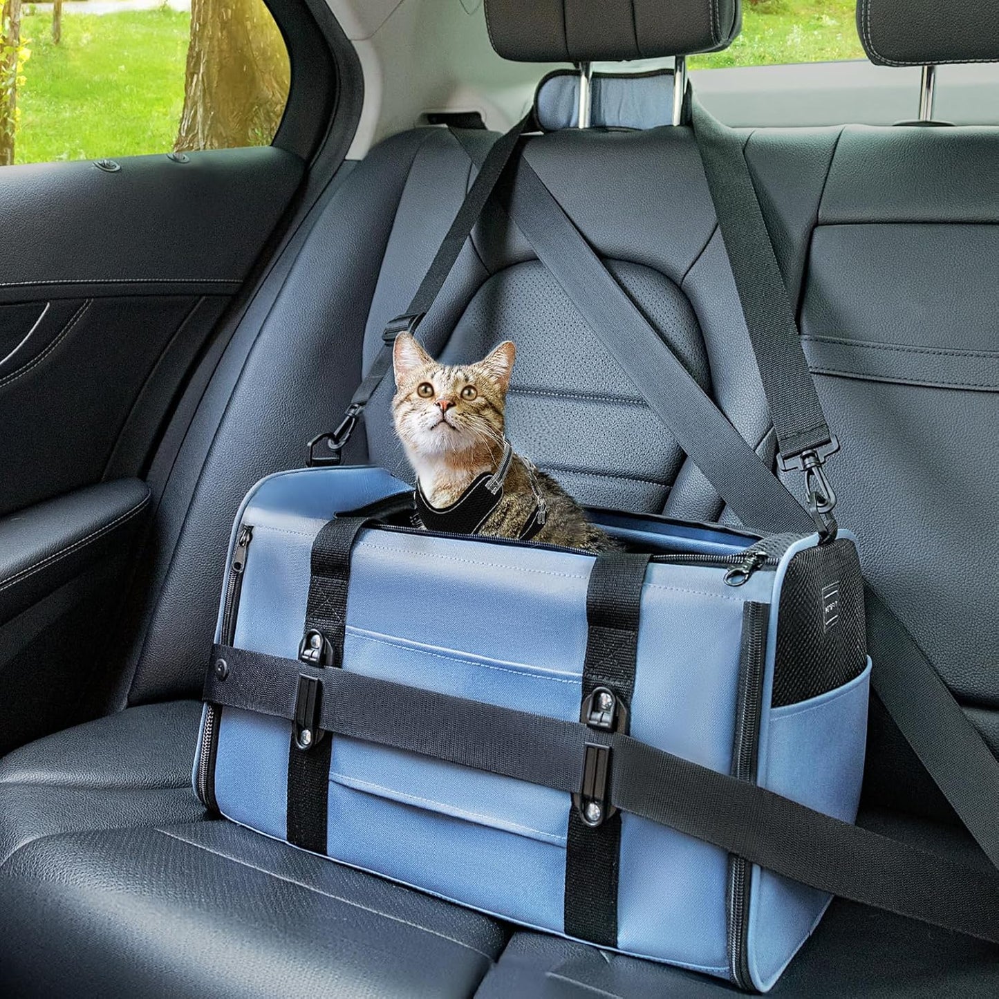 PETSFIT Soft-Sided Cat Carriers & Car Seats with Patent Safe Buckles, Clip-On Harness，18"x11"x11" Airline Approved Pet Carrier - 9 lbs Capacity (Blue)