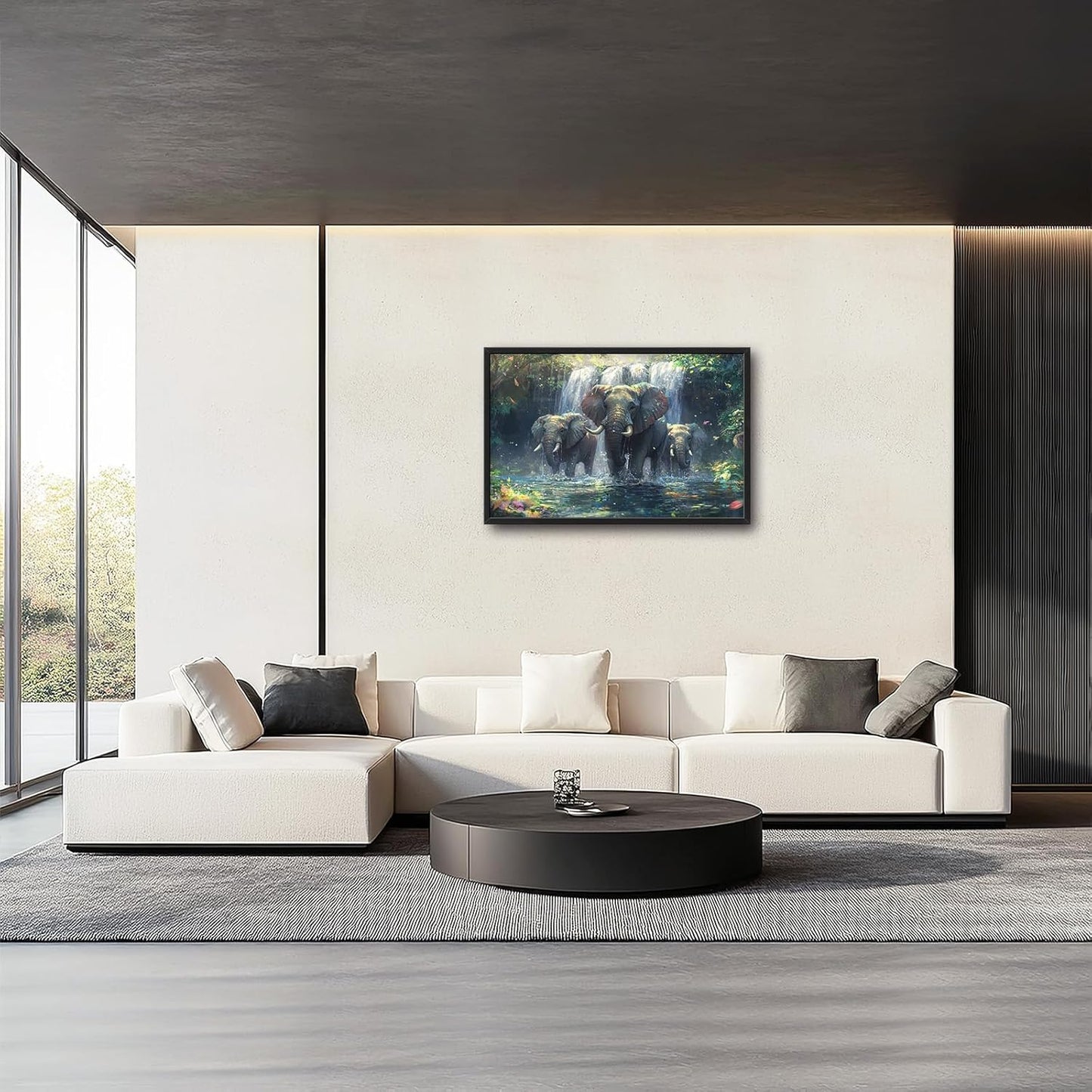 Large Elephant Wall Art for Living Room, Framed Oversized Forest Waterfall Wall Decor, Nature Landscape Canvas Painting Wildlife Artwork for Living Room Dining Room Bathroom Bedroom Office 36"x24"