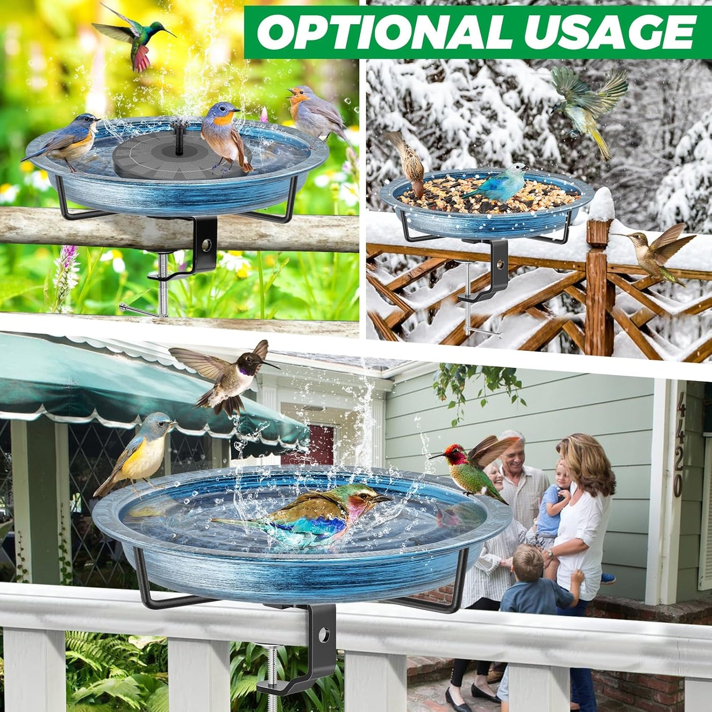 Deck Mounted Bird Bath Outside, Detachable Birdbath Bowl with Sturdy Clamp, Outdoor Bird Baths Bowl for Attracting Birds Garden Yard Decor (Retro Blue)