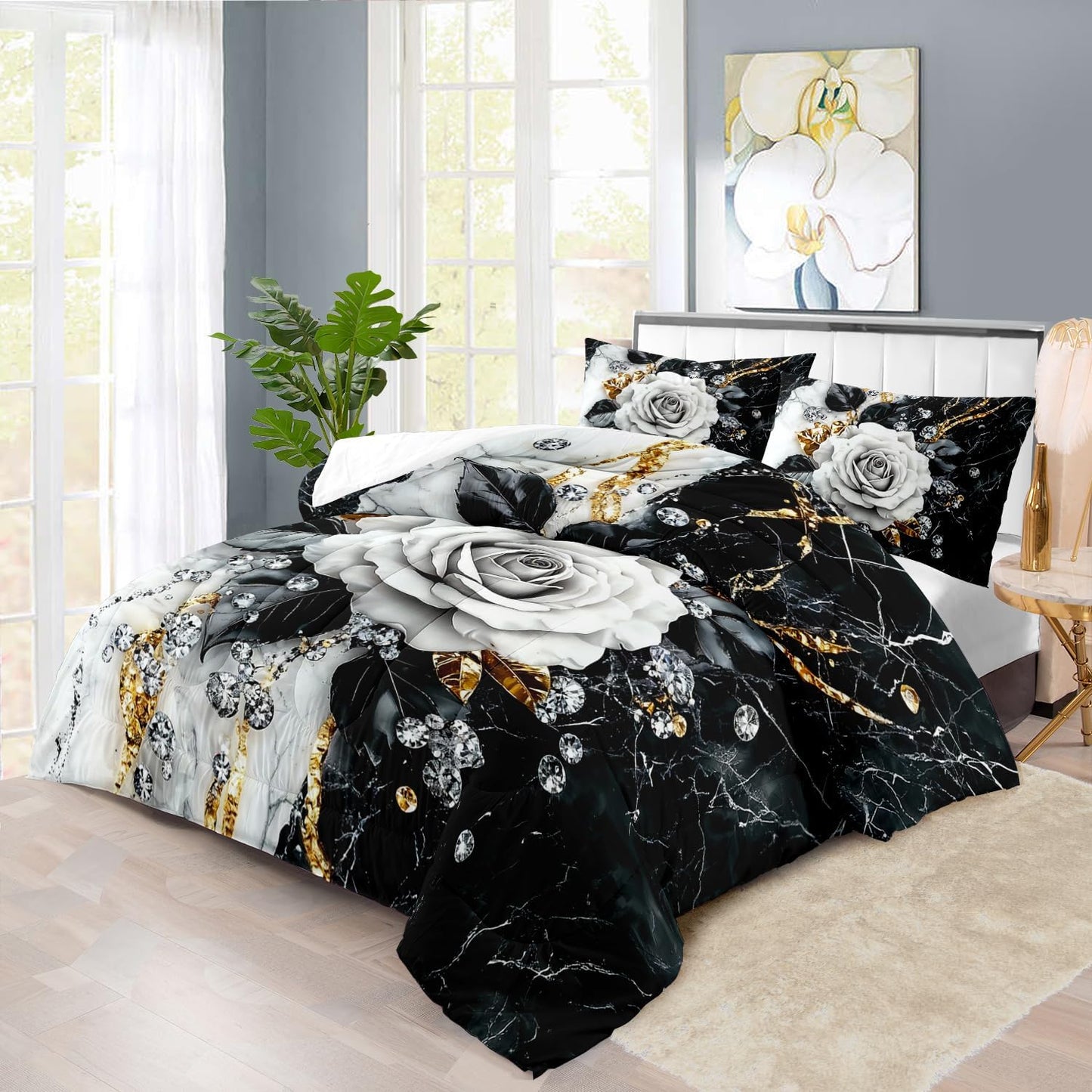 Marble Floral Comforter Set for Twin Bed Women,Vintage Flower Bedding Set Twin,White and Black Comforter Rose Quilt for Girls,Rose Bedding Floral Bedroom Decor Adults