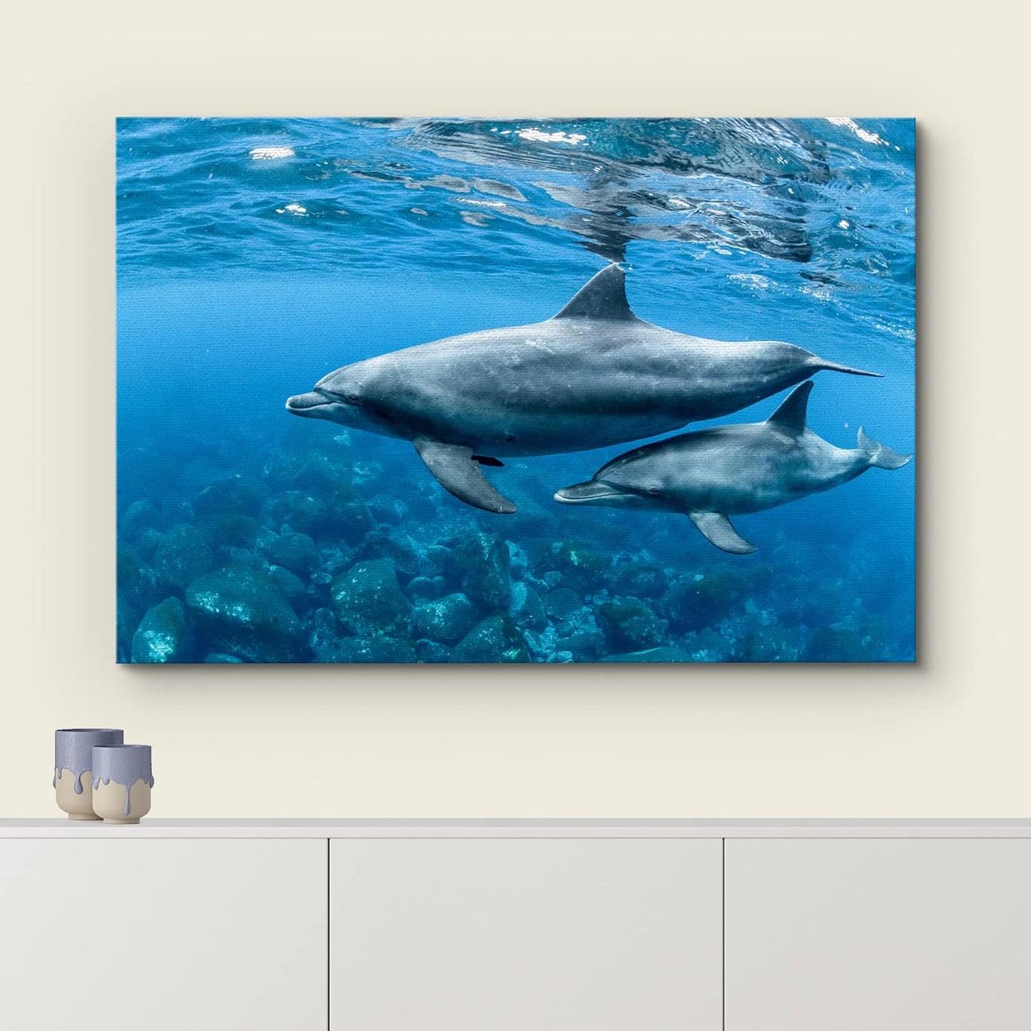 wall26 Canvas Print Wall Art Tropical Ocean Sea Underwater Dolphin Duo Nature Animals Photography Realism Rustic Scenic Landscape Wilderness Earth Colorful for Living Room, Bedroom, Office - 16"x24"