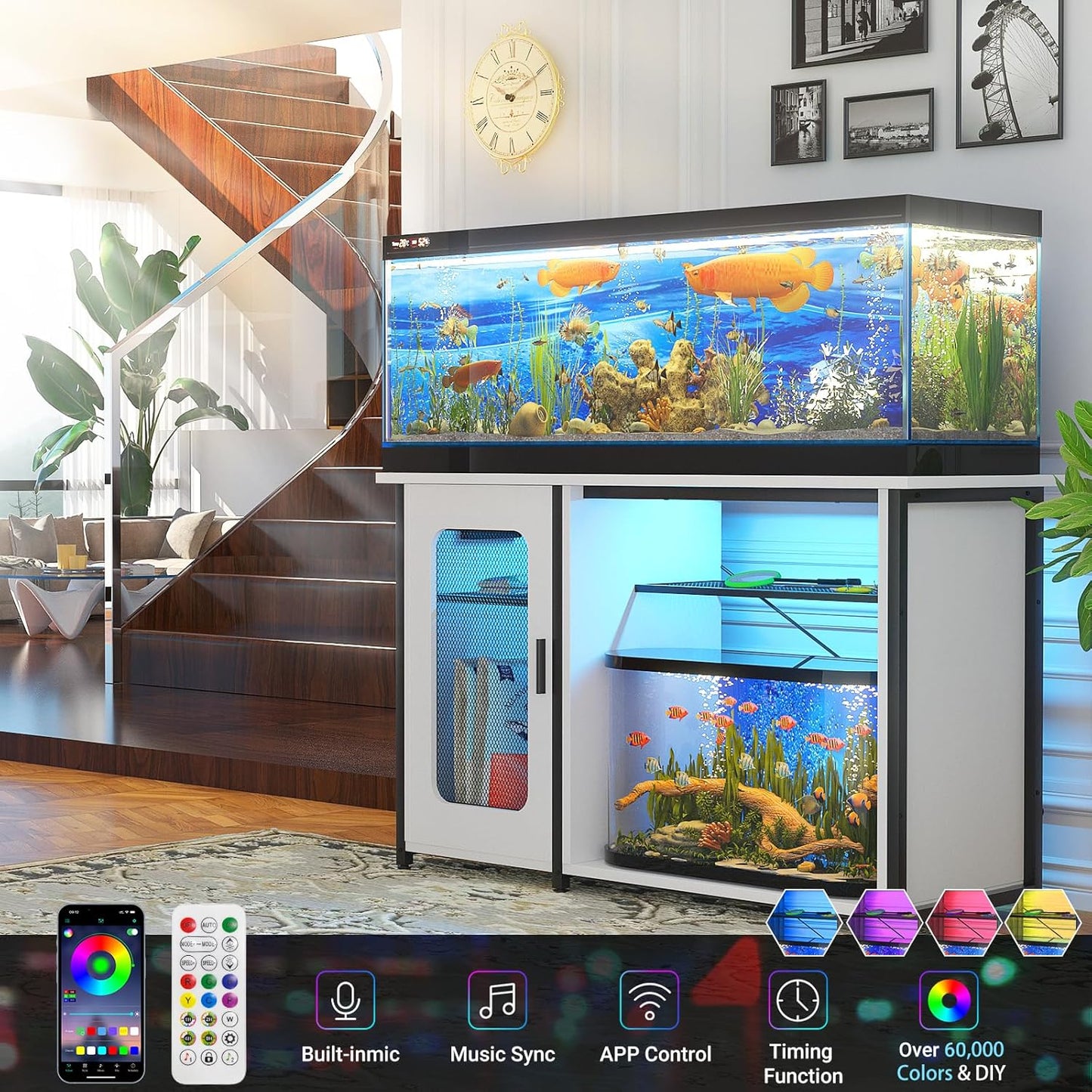 55-75 Gallon Fish Tank Stand with Power Outlets & LED Light, Reversible Heavy Duty Metal Aquarium Stand with Cabinet for Fish Tank Accessories Storage, Turtle/Reptile Terrariums, White