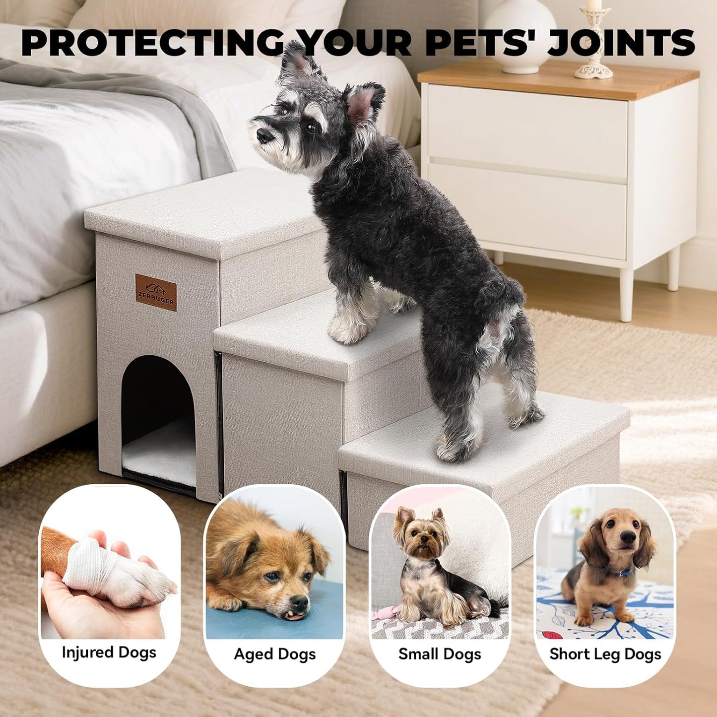 Dog Stairs with Condo 18" H, 3-Step Wider Dog Steps for High Beds Couch, Folding Storage Pet Stairs Gift for Small/Medium/Large Old Dogs Cats, Ramp for Climbing Car Up to 200 lbs, Beige