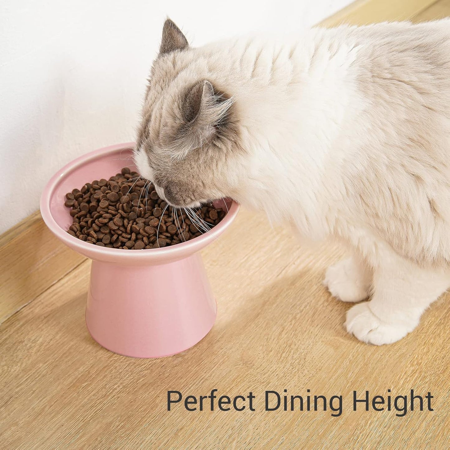 Extra Wide Elevated Ceramic Cat Food Bowl - 6.2" Shallow Dish for Whisker Fatigue Relief, 5" Height for Easy Feeding, Lead & Cadmium Free, Durable Raised Cat Food Bowls, Pink