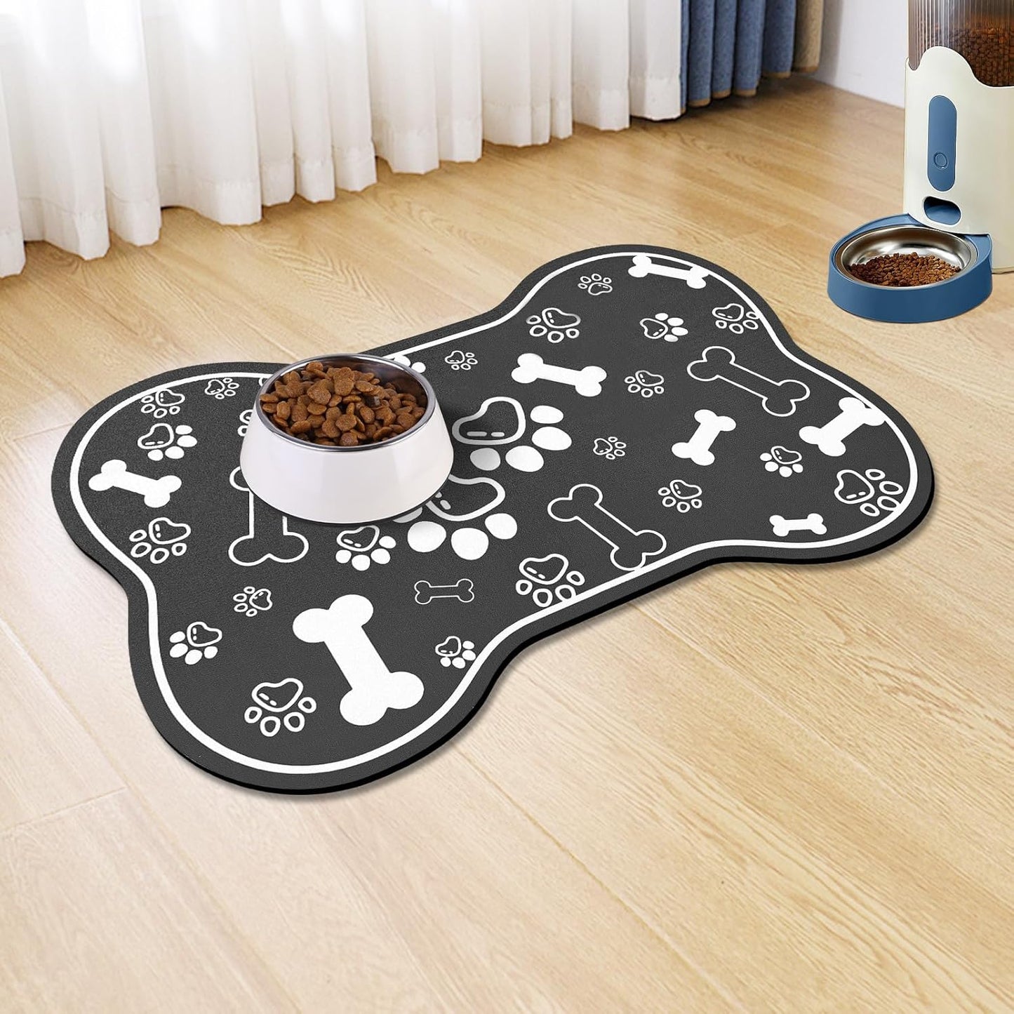 Dog Cat Food Mat,Rapid Absorbent Pet Feeding Mat, Bone Shaped Dog Placemat Water Bowl Mat with Rubber Backing,No Stains Dog Cat Food Mats Indoor, Pet Accessories Supplies 16"×24" Black