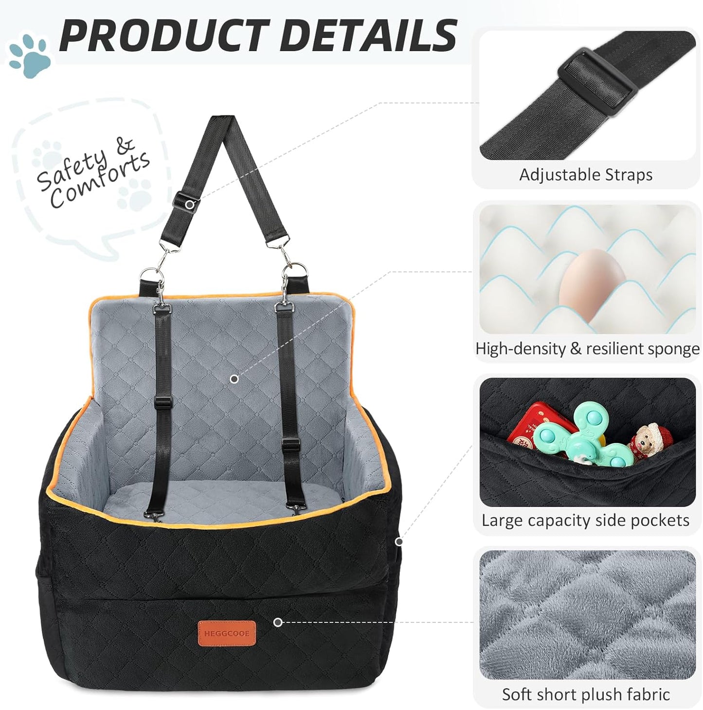 Small Dog Car Seat, Memory Foam Dog Booster Seats with Thick Cushion for Medium Dogs Under 35lbs, Detachable Washable Pet Car Seat Bed with Storage Pockets,2 Safety Belts