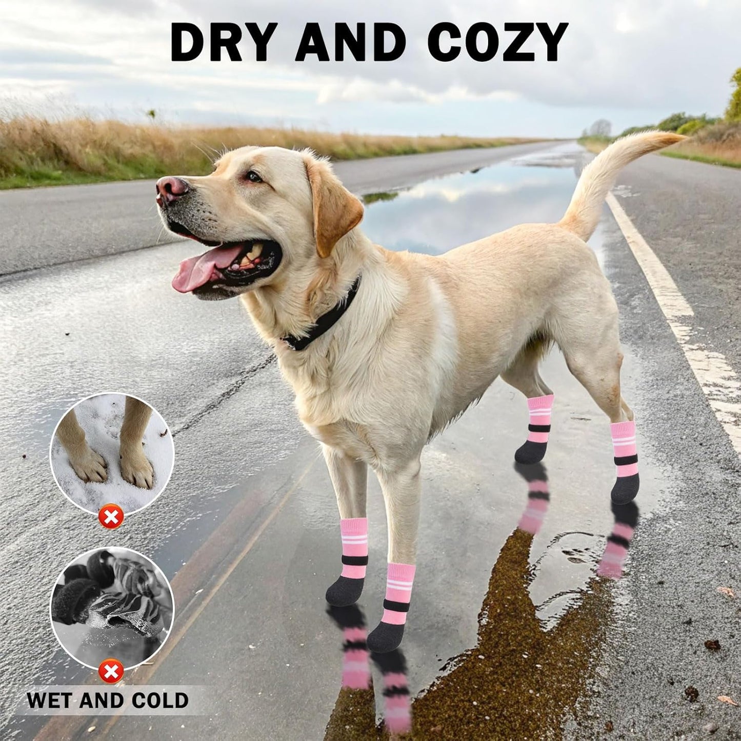SCENEREAL Anti Slip Dog Boots & Paw Protectors for Hardwood Floor, Extended Dog Socks to Prevent Licking Paws, Waterproof Pet Snow Rain Shoe for Winter Medium Senior Dogs, Pink M