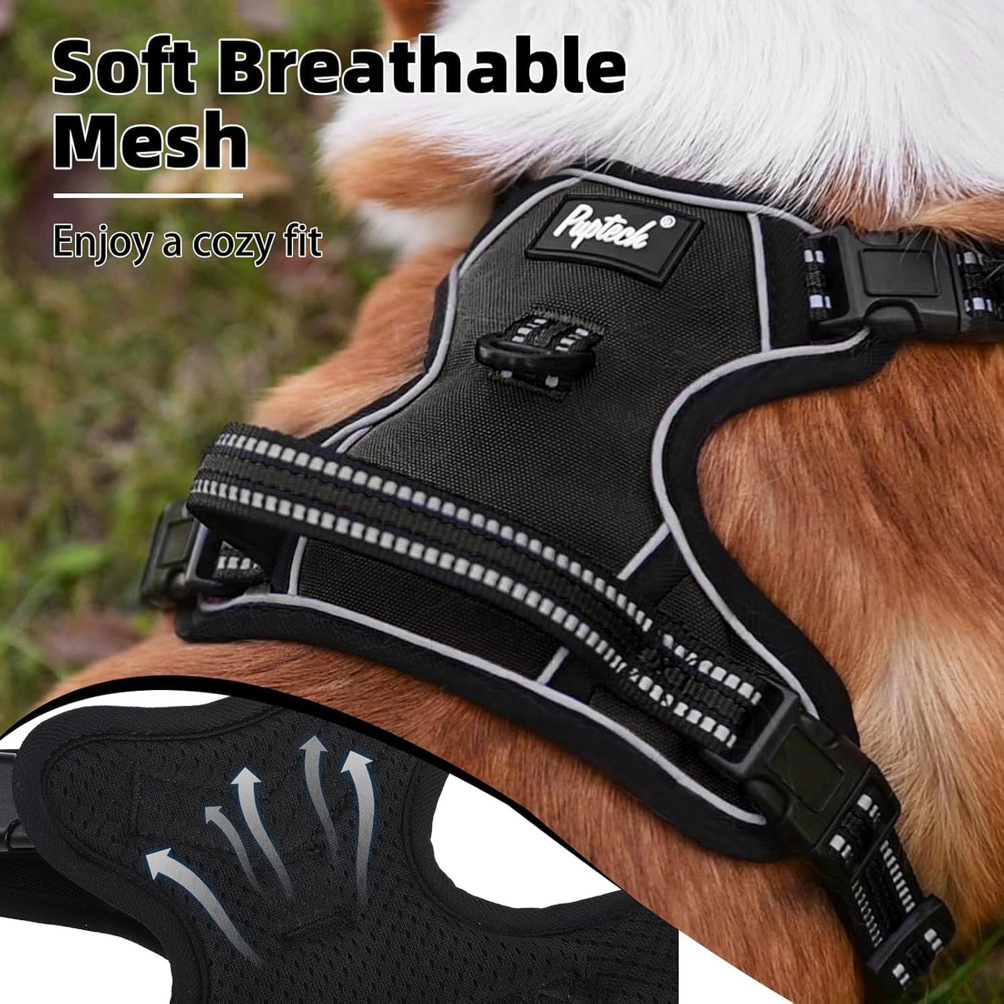 PUPTECK No Pull Dog Harness Small Sized, Adjustable Reflective Dog Harness with Handle Easy Control, Comfortable Soft Padded Pet Vest Harness for Small Dogs, Black S