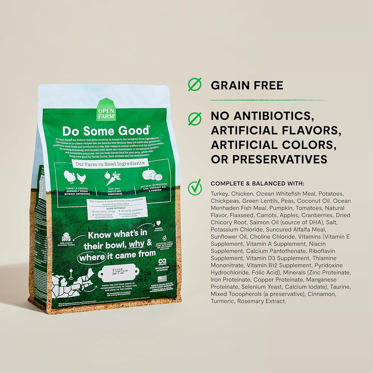 Open Farm, Grain-Free Dry Dog Food, Complete & Balanced Kibble, Sustainably & Ethically Sourced Ingredients, Non-GMO Veggies & Superfoods to Support Overall Health, Turkey and Chicken Recipe, 22lb Bag