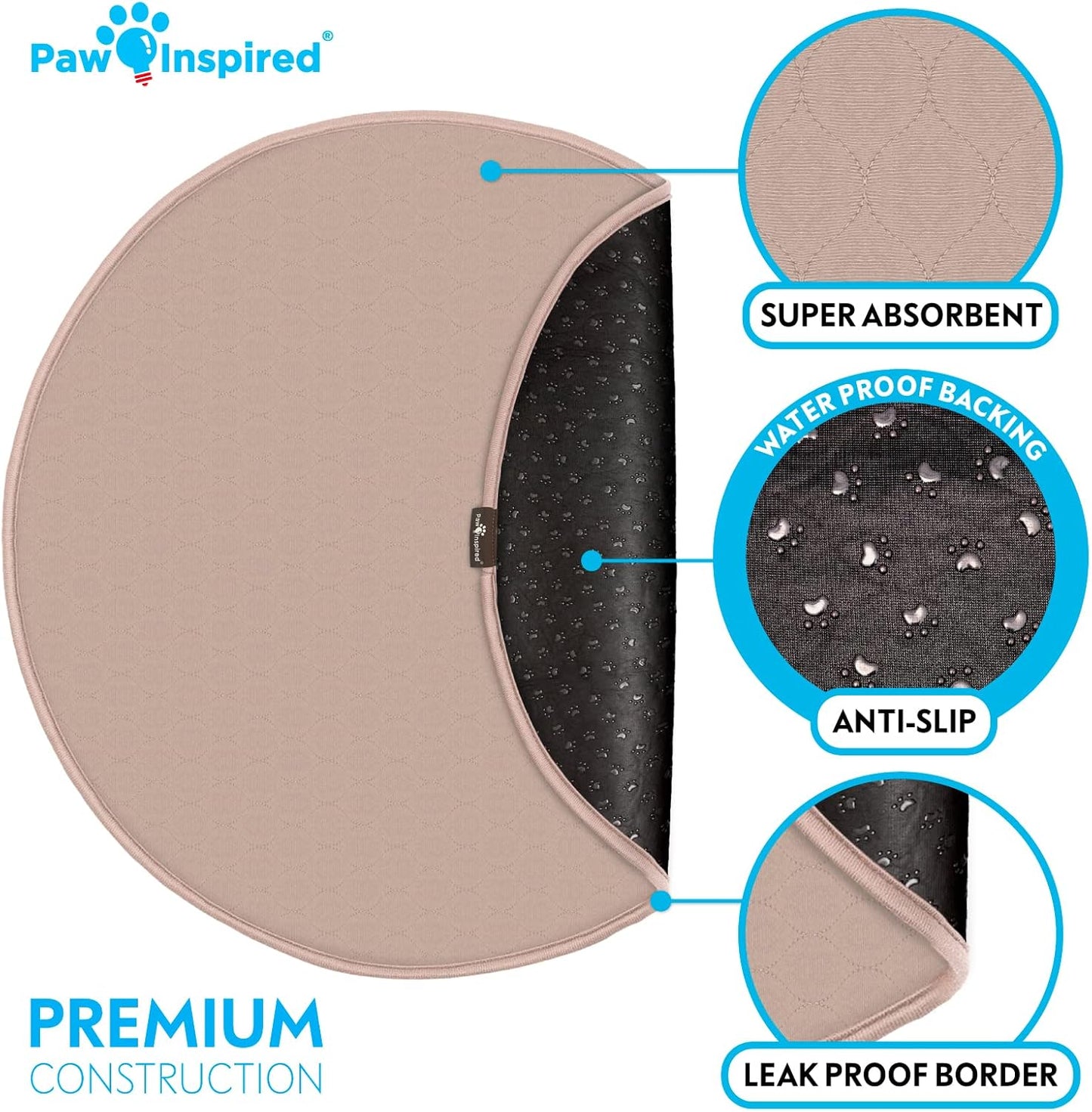 Paw Inspired Round Washable Pee Pads for Dogs (2 Pack), Reusable Puppy Pads for Potty Training, Whelping, Waterproof Mat, Leakproof, Non-Slip Liners (36 Inch, Pack of 2)