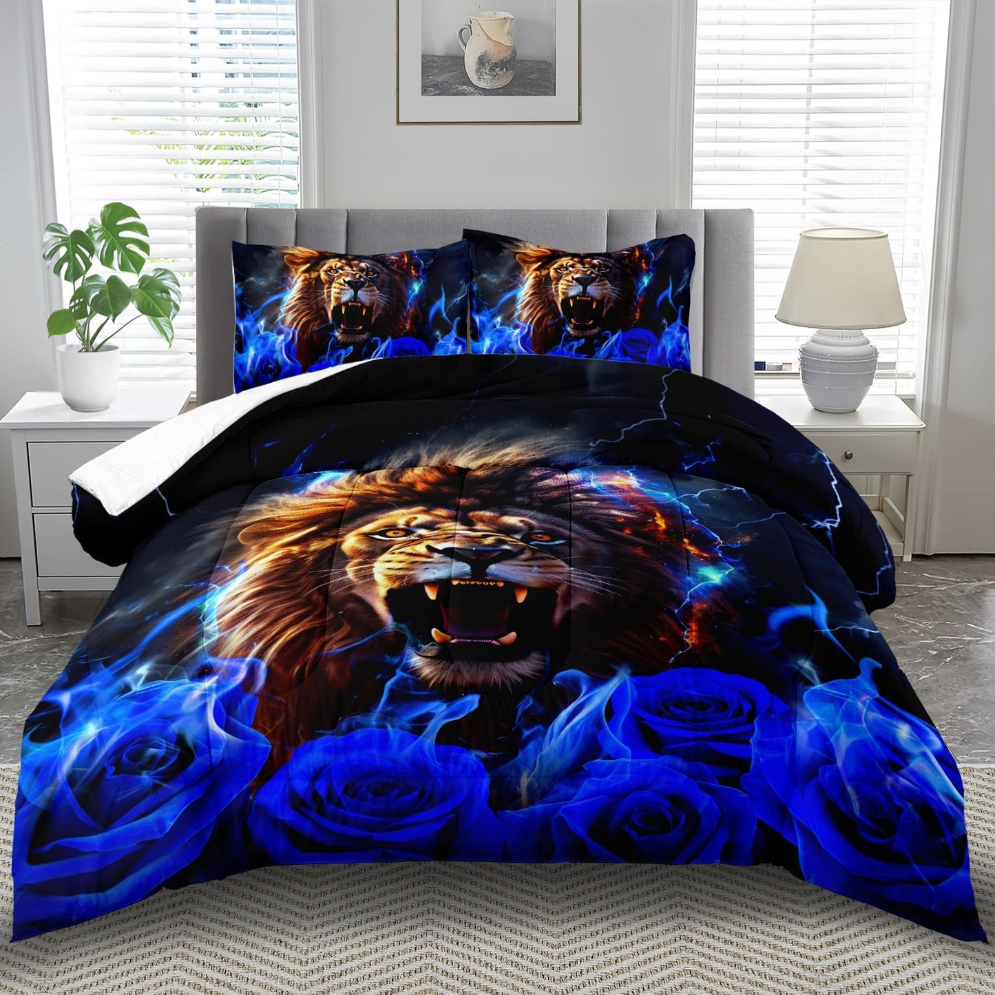 Lion Blue Comforter Set King,Lion Bedding Set Boys,Animal Print Comforter Bedroom Decor for Home,Vintage Floral Quilt,Blue Flower Bedding Adult,Tiger Quilt Bed Decor Teen