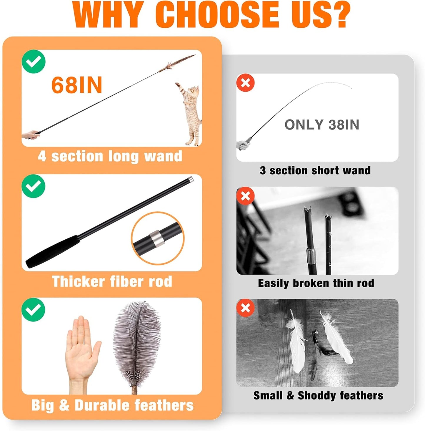 JXFUKAL 2025 Latest Cat Wand Toy, 68”Extra Long Cat Fishing Pole Toy, 4PCS Natural Huge Feather Refills with Silvervine Sticks for Indoor Cats Kitten Kitty Teeth Cleaning Exercise Accessories