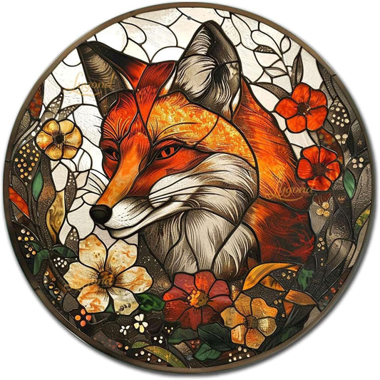 Lygond Metal Sign Tin Sign Circular Stained Glass Fox Garden Sign for Garage 12×12 Inches