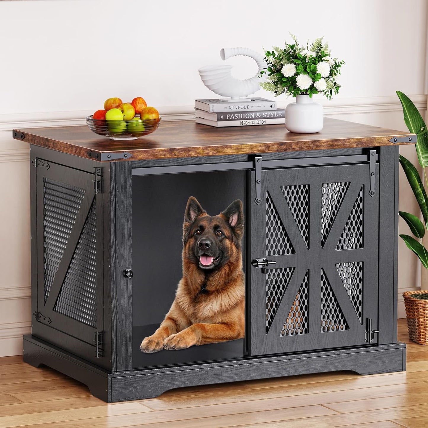VOPEAK 43.3" XL Dog Crate Furniture, Chew Resistant Dog Crate for Medium Large Dogs, Heavy Duty Extra Large Dog Crate Dog Kennel Indoor with Double Doors, Wooden End Table for Living Room, Black