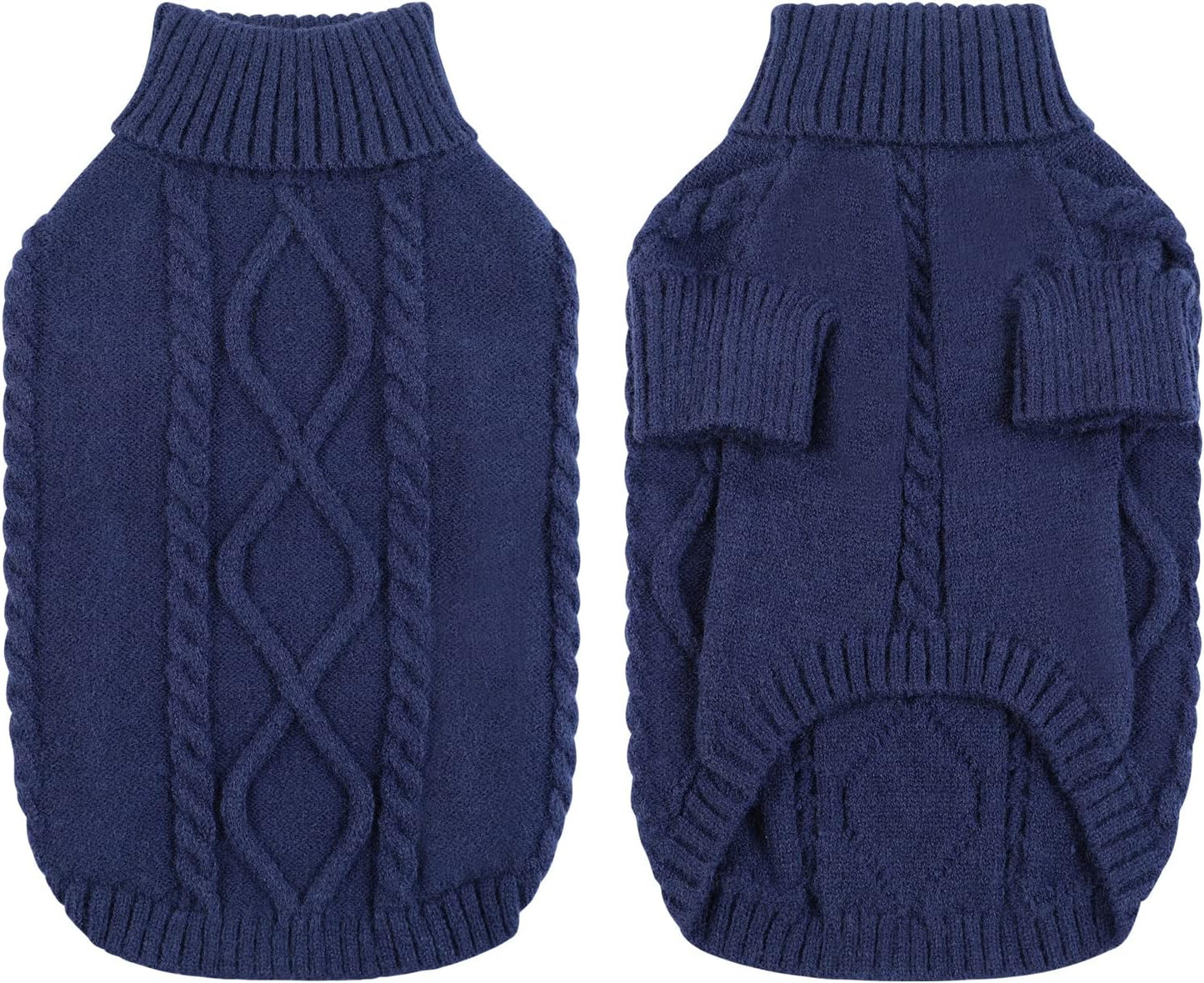 Queenmore Small Dog Pullover Sweater, Cold Weather Cable Knitwear, Classic Turtleneck Thick Warm Clothes for Chihuahua, Bulldog, Dachshund, Pug (Dark Navy, Medium)