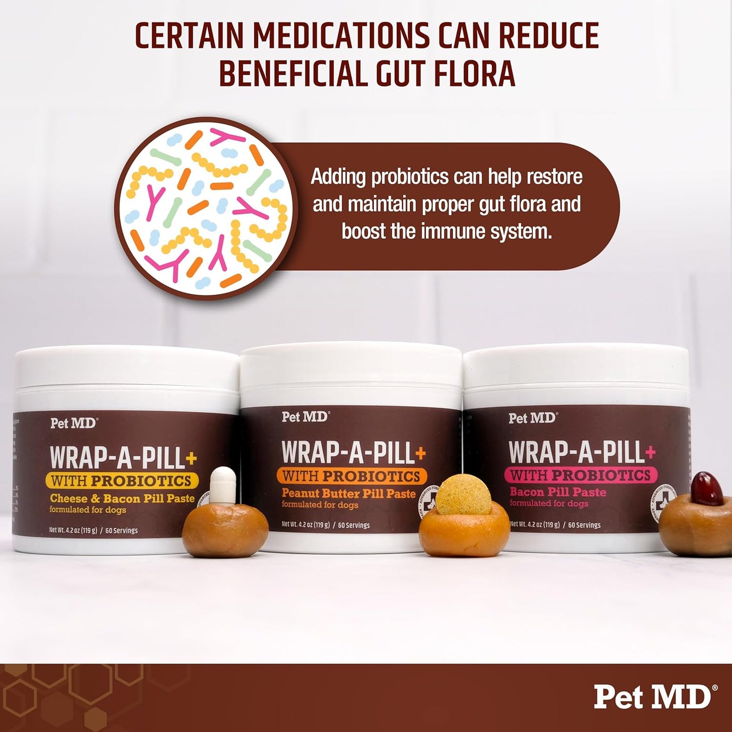 Pet MD Wrap-A-Pill with Dog Probiotics - Pill Wrap for Dogs Medicine - Easy-to-Use Paste to Hide Capsules, Create Pockets and Treats for Dogs - Bacon (4.2oz)